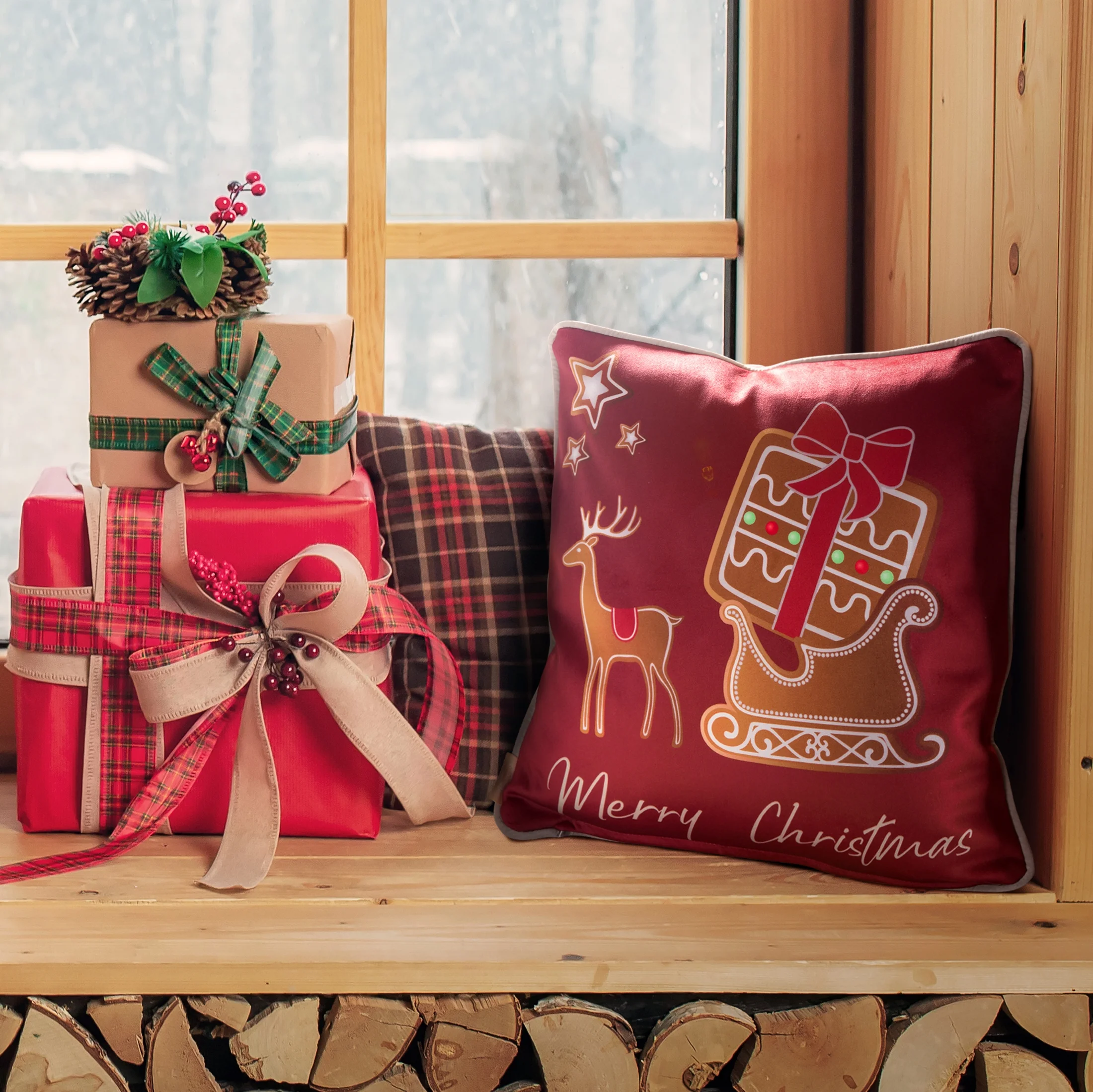 Poszewka na poduszkę 45x45 cm welwetowa ze świątecznym motywem pierników czerwona GINGER Eurofirany