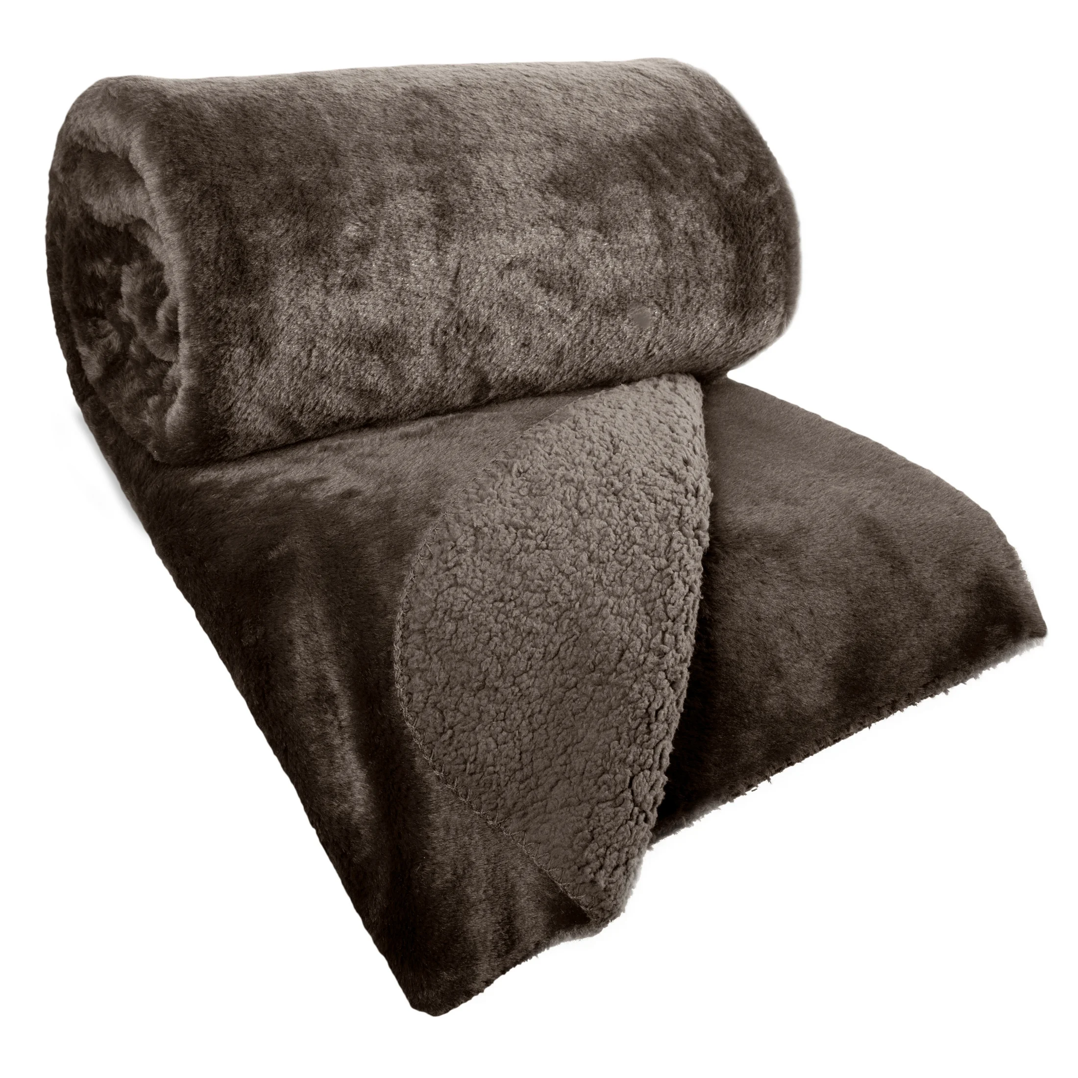 Narzuta dwustronna z przyjemnego futerka i tkaniny barankowej ciemnobrązowa 170x210 cm NINA Eurofirany Premium