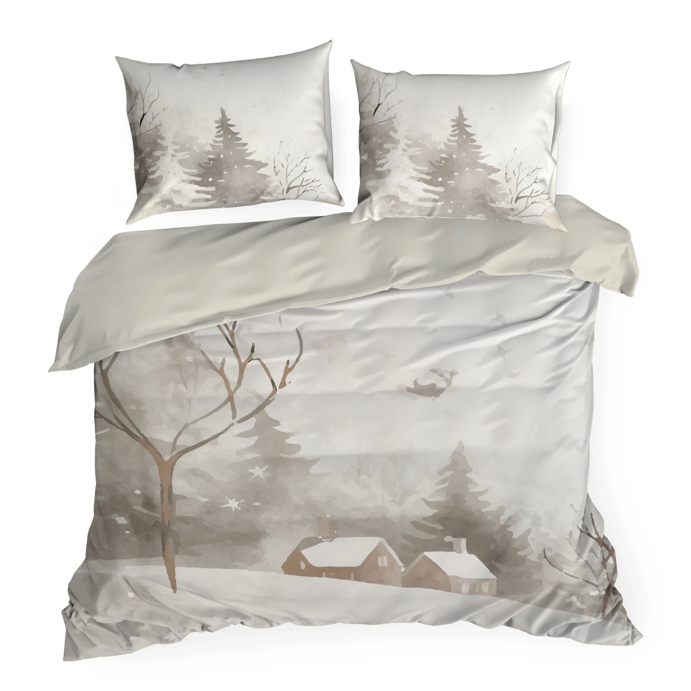 Pościel świąteczna 160x200 cm z satyny bawełnianej, kolor biały, stalowy zdobiona nadrukiem zimowego krajobrazu INVERNO Eurofirany