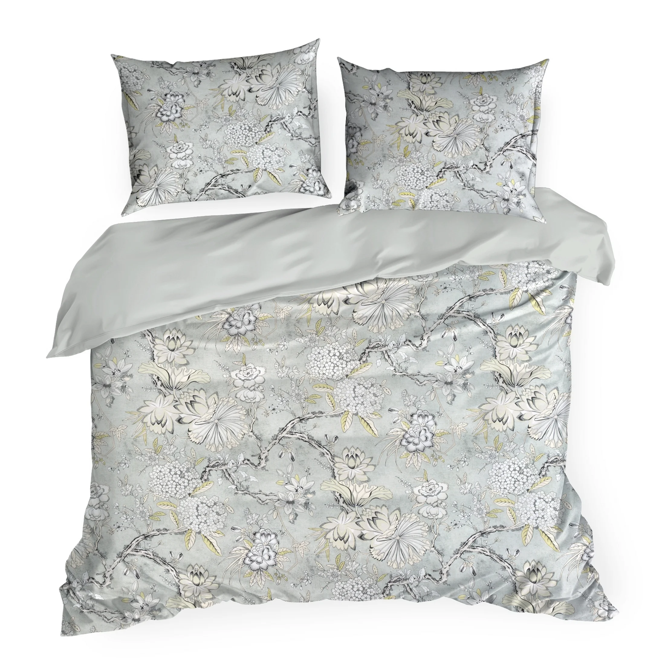 Pościel 220x200 cm satyna bawełniana kolor jasno stalowy, beżowy z wzorem roślinnym SPRING 72