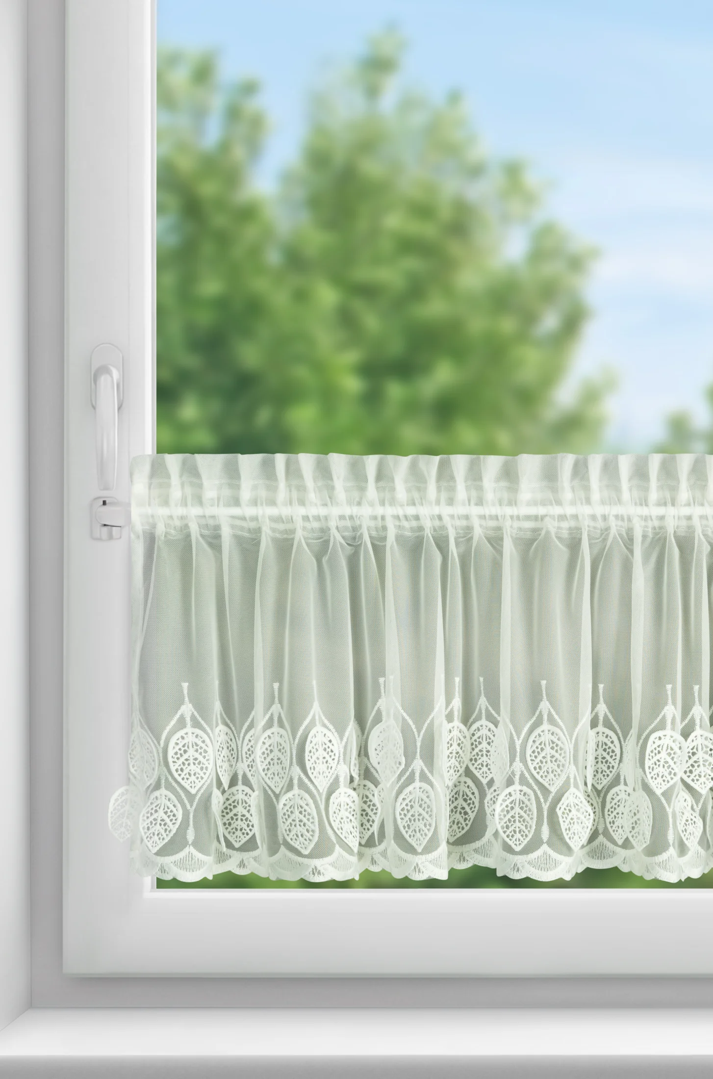 Zazdrostka kremowa z drobnej siateczki zdobiona ażurowym haftem 40x150 cm taśma - NIRA Eurofirany