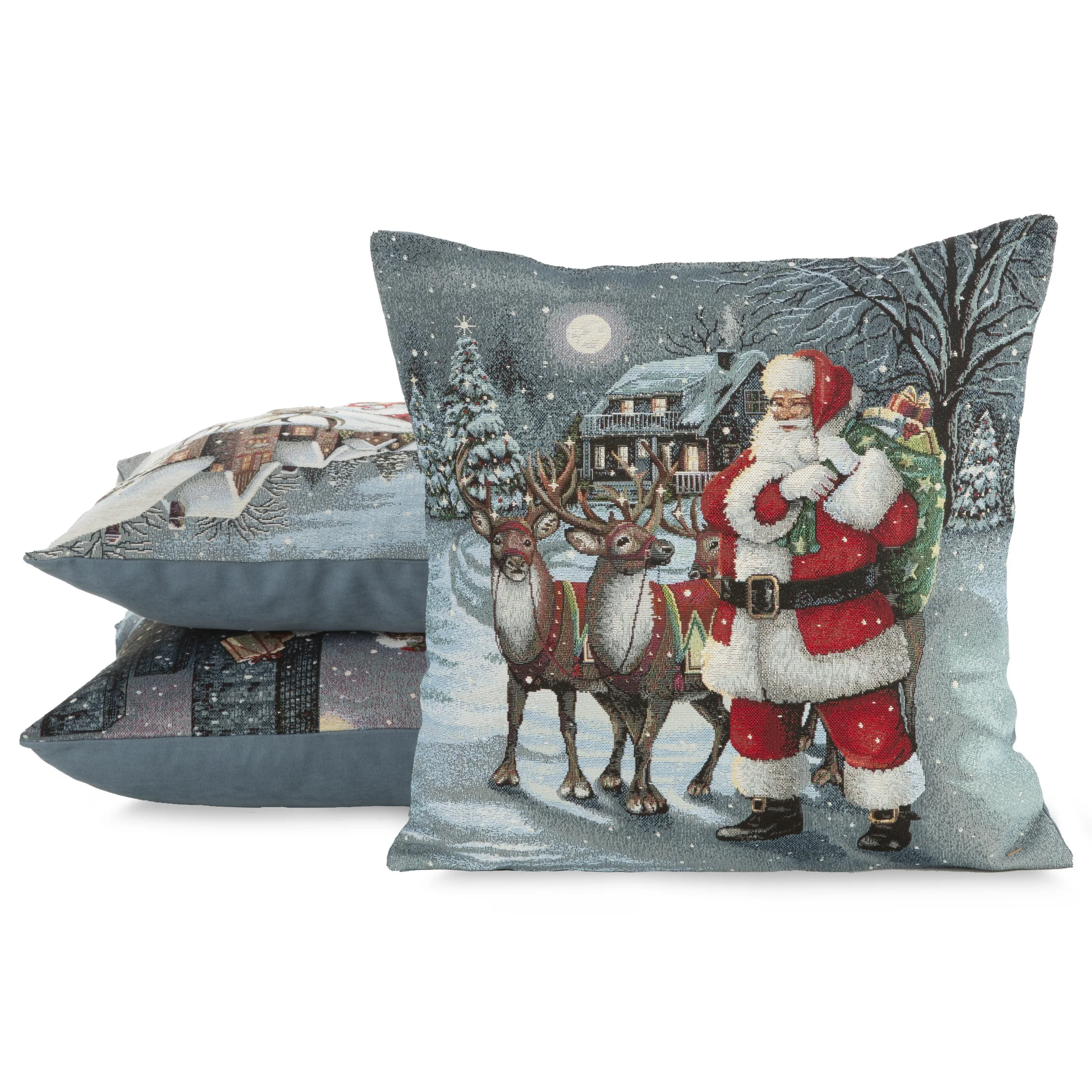 Poszewka na poduszkę 45x45 cm bawełniana, gobelinowa z mieszanki włókien zdobiona nadrukiem Mikołaja popielato, czerwona GOB Eurofirany