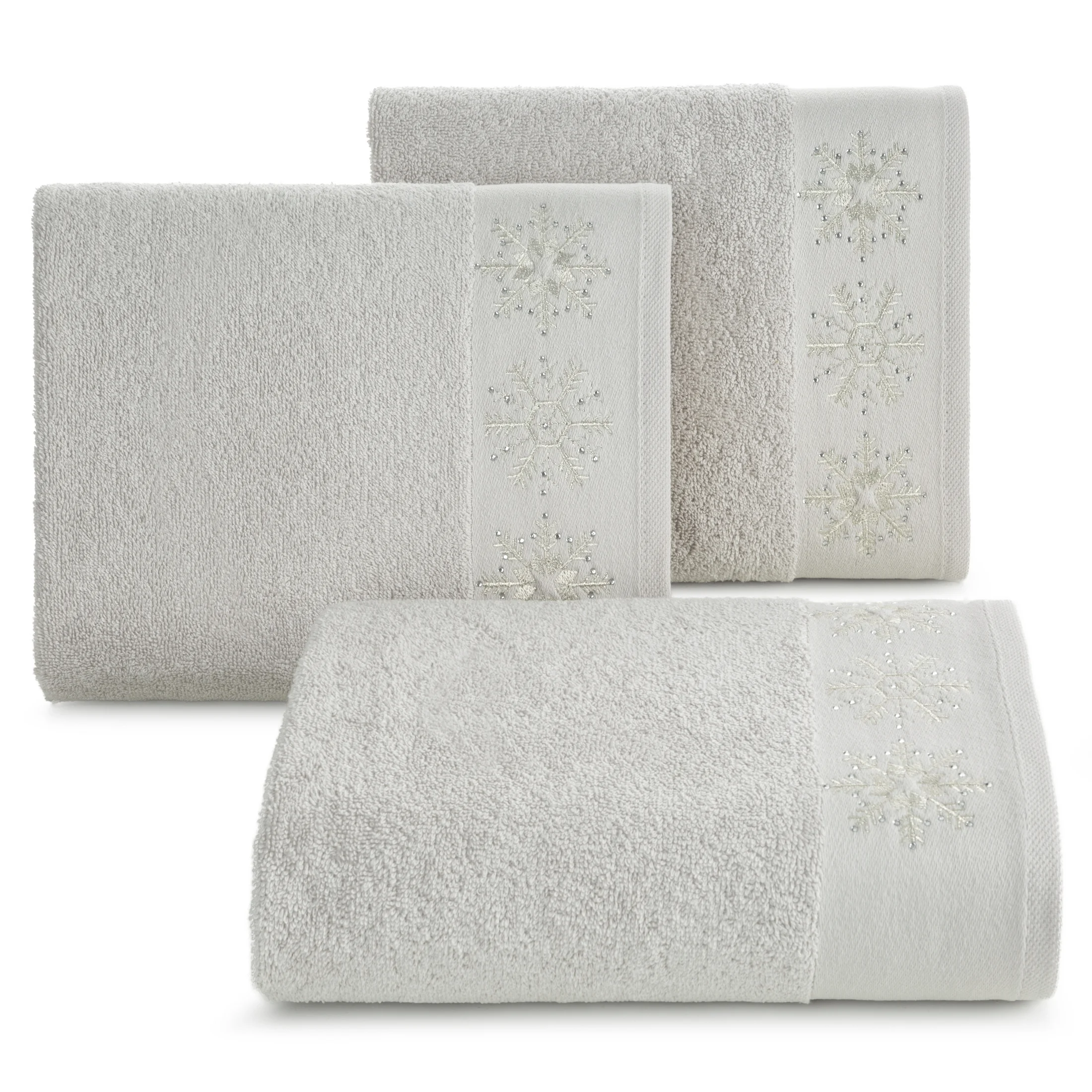 Ręcznik kąpielowy świąteczny 70x140 cm bawełniany kolor srebrny zdobiony świątecznym haftem 480 g/m2 JOY Eurofirany