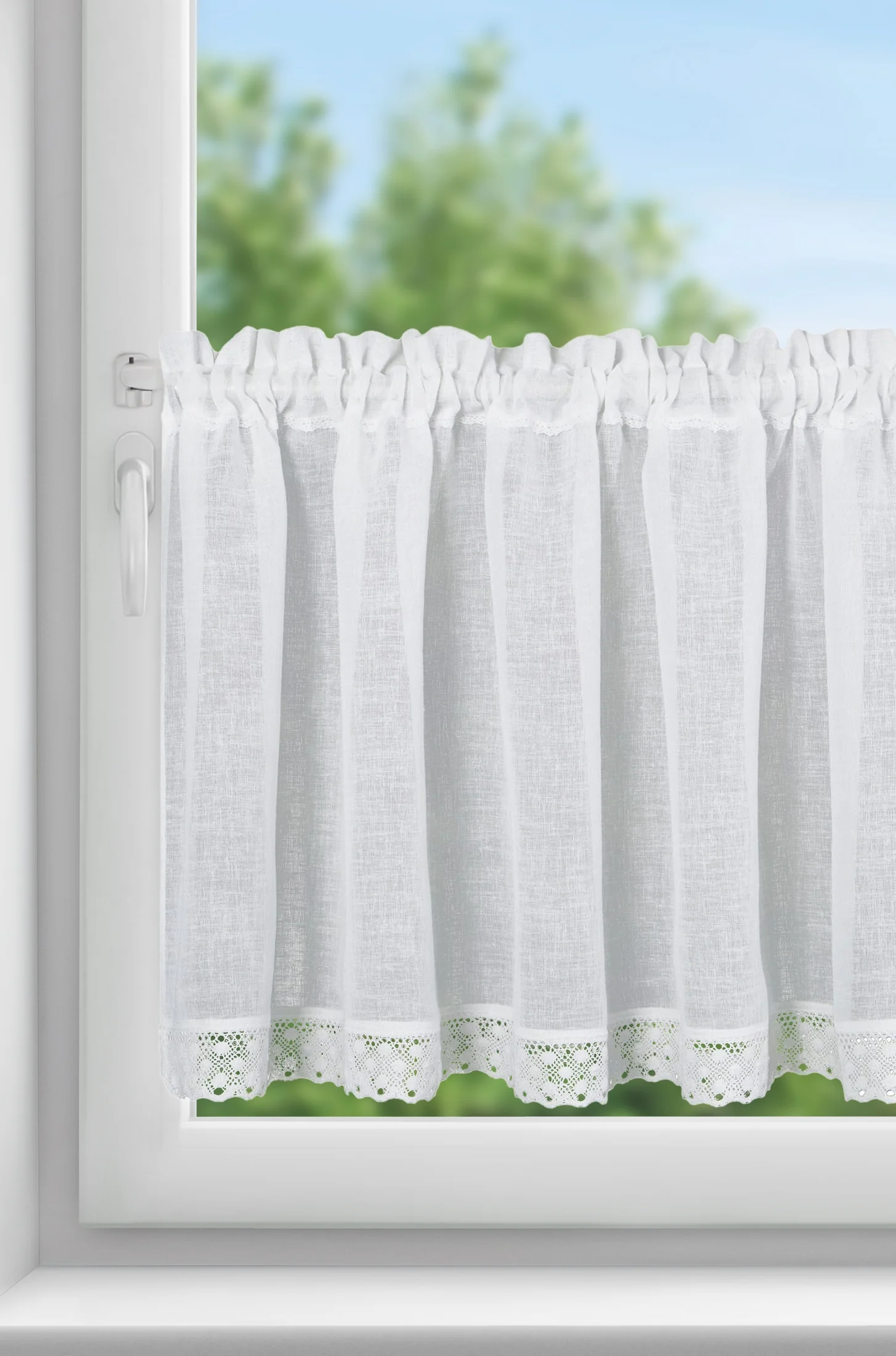 Zazdrostka biała z etaminy zdobione szeroką koronką, styl rustykalny 150x60 cm tunel LISA Eurofirany