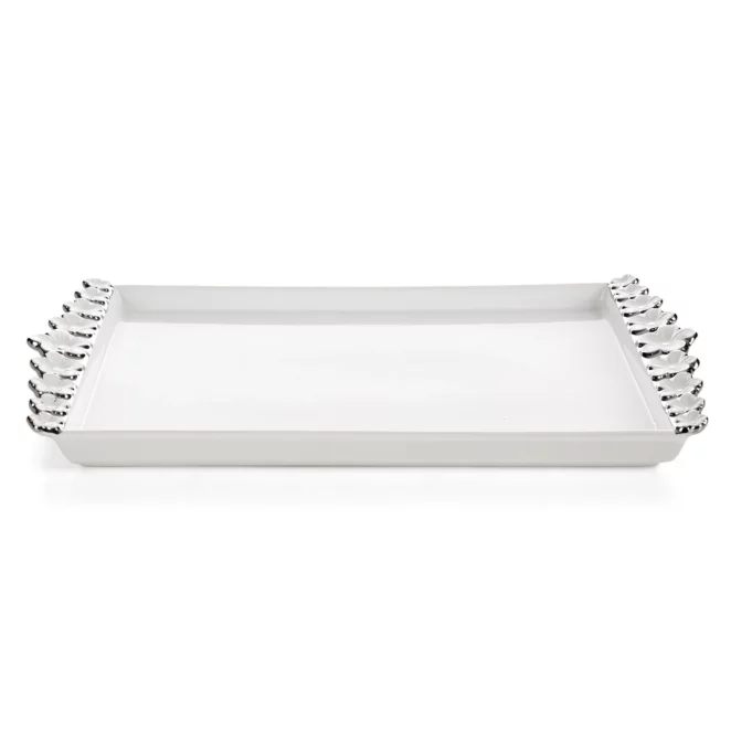 Patera dekoracyjna biało, srebrna zdobiona metalicznymi kwiatami 39x22x3 cm ARIANA Eurofirany