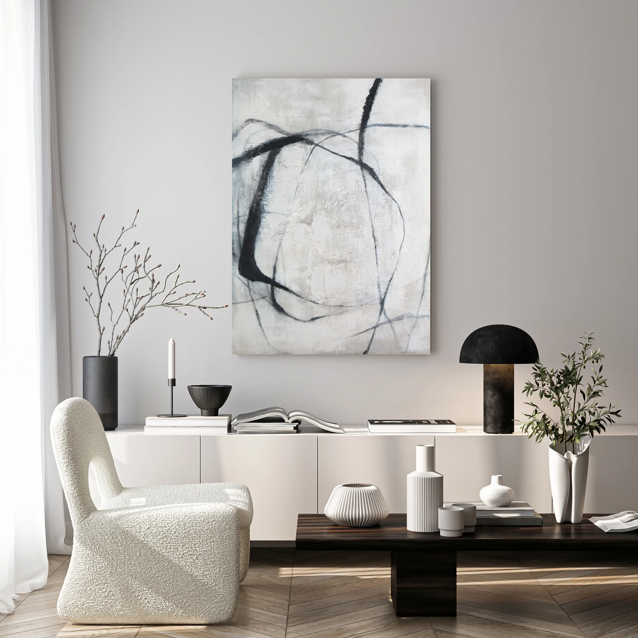 Obraz abstrakcja beżowo, czarny ręcznie malowany na płótnie 60x80 cm Eurofirany