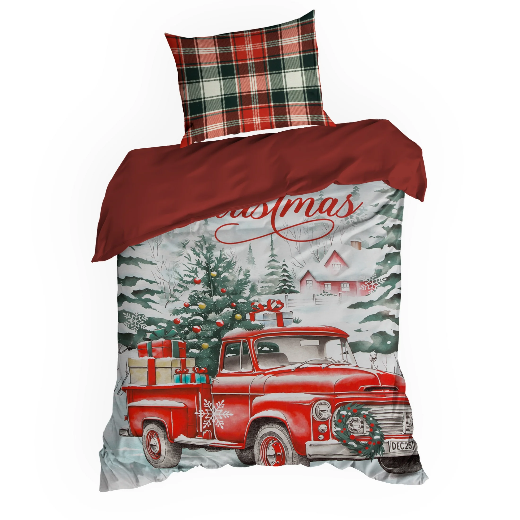 Pościel świąteczna 140x200 cm z bawełny ranforce, kolor czerwono, biały zdobiona uroczym nadrukiem świątecznego auta XMAS Eurofirany