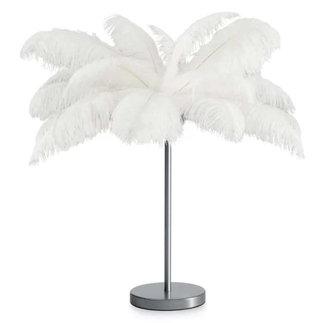 Lampa stojąca do salonu srebrno, biała FERI na metalowej podstawie z niezwykle efektownym abażurem z naturalnych strusich piór 65 x 65 x 68 cm FERI  Eurofirany