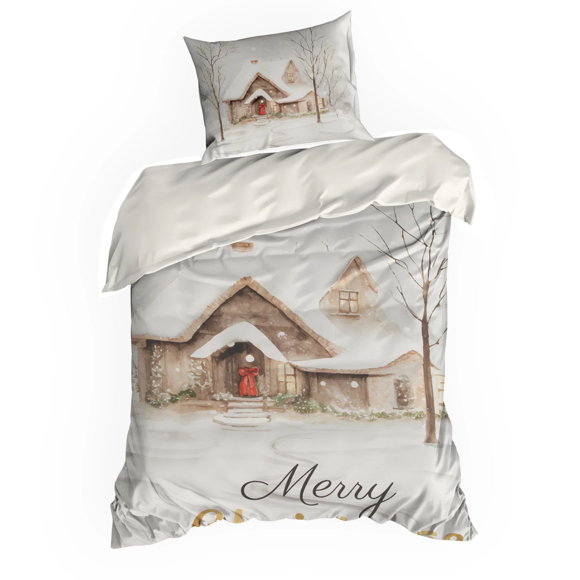 Pościel świąteczna 140x200 cm z satyny bawełnianej, kolor biały jasnobrązowy z nadrukiem świątecznym JOYFULL Eurofirany