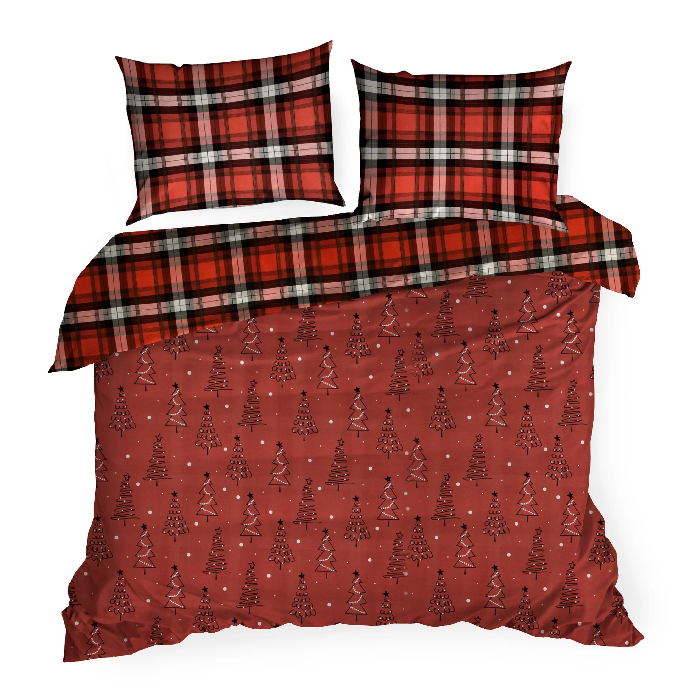 Pościel świąteczna 220x200 cm bawełniana kolor czerwony, czarny z motywem kraty i choinek SCARLET Eurofirany
