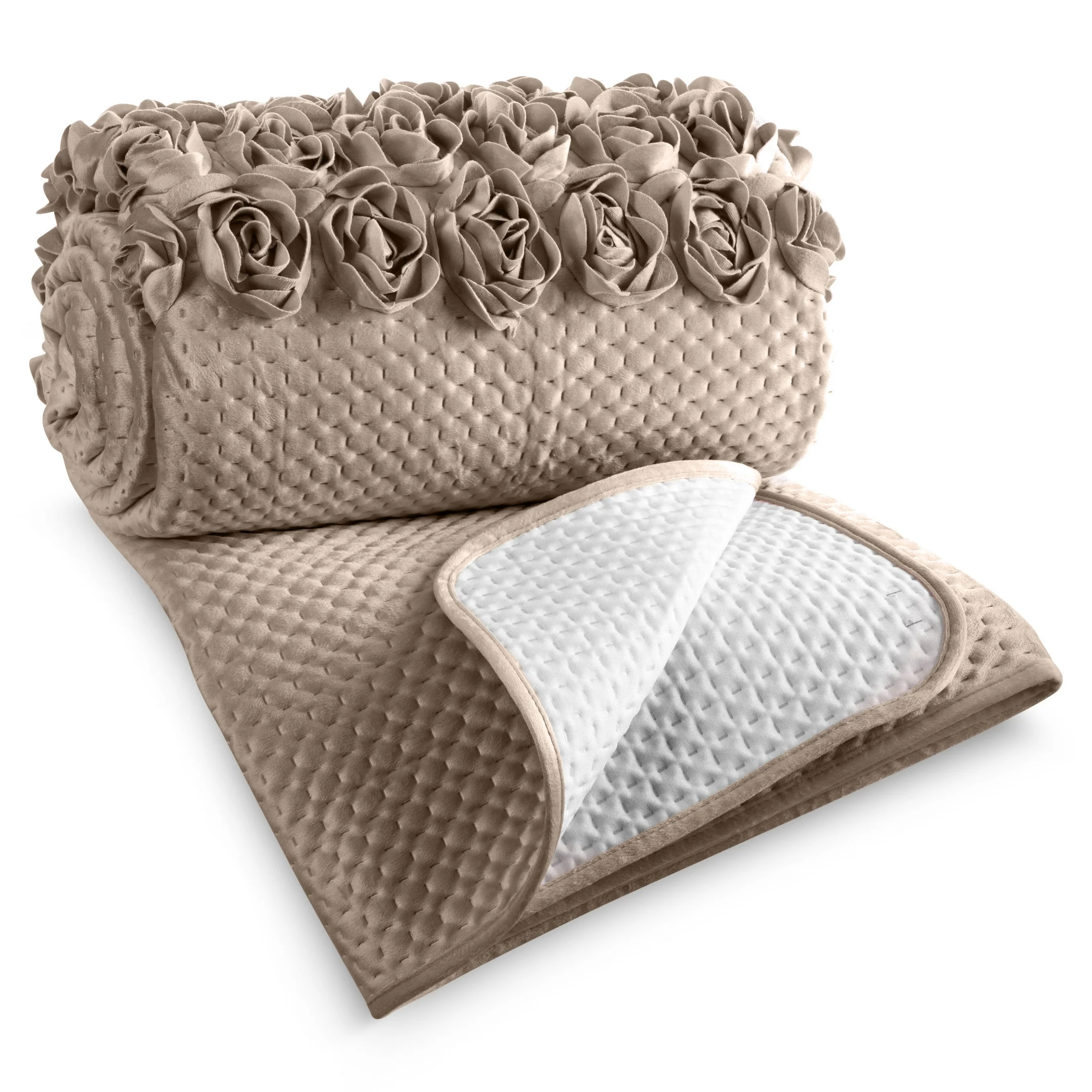 Narzuta welwetowa ciemnobeżowa 170x210 cm zdobiona pasem róż 3D ROSES Eva Minge Eurofirany