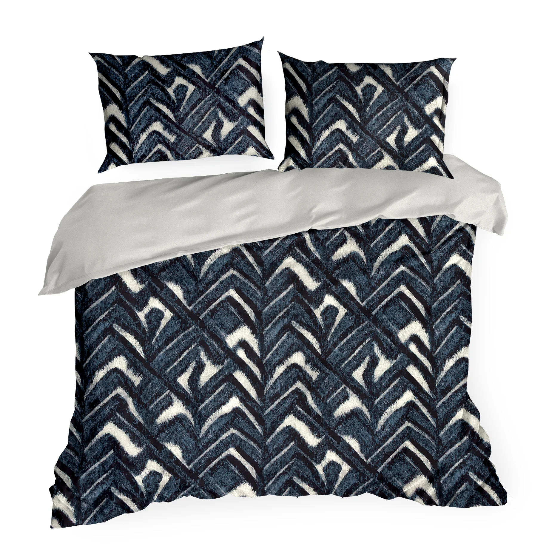 Pościel 160x200 cm z satyny bawełnianej kolor ciemnogranatowy, szarobeżowy z motywem geometrycznym SPRING 61 Eurofirany
