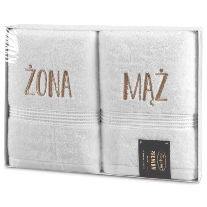 Zestaw ręczników bawełnianych na prezent 2 szt 50x90 cm kolor biały z haftem ŻONA MĄŻ Eurofirany