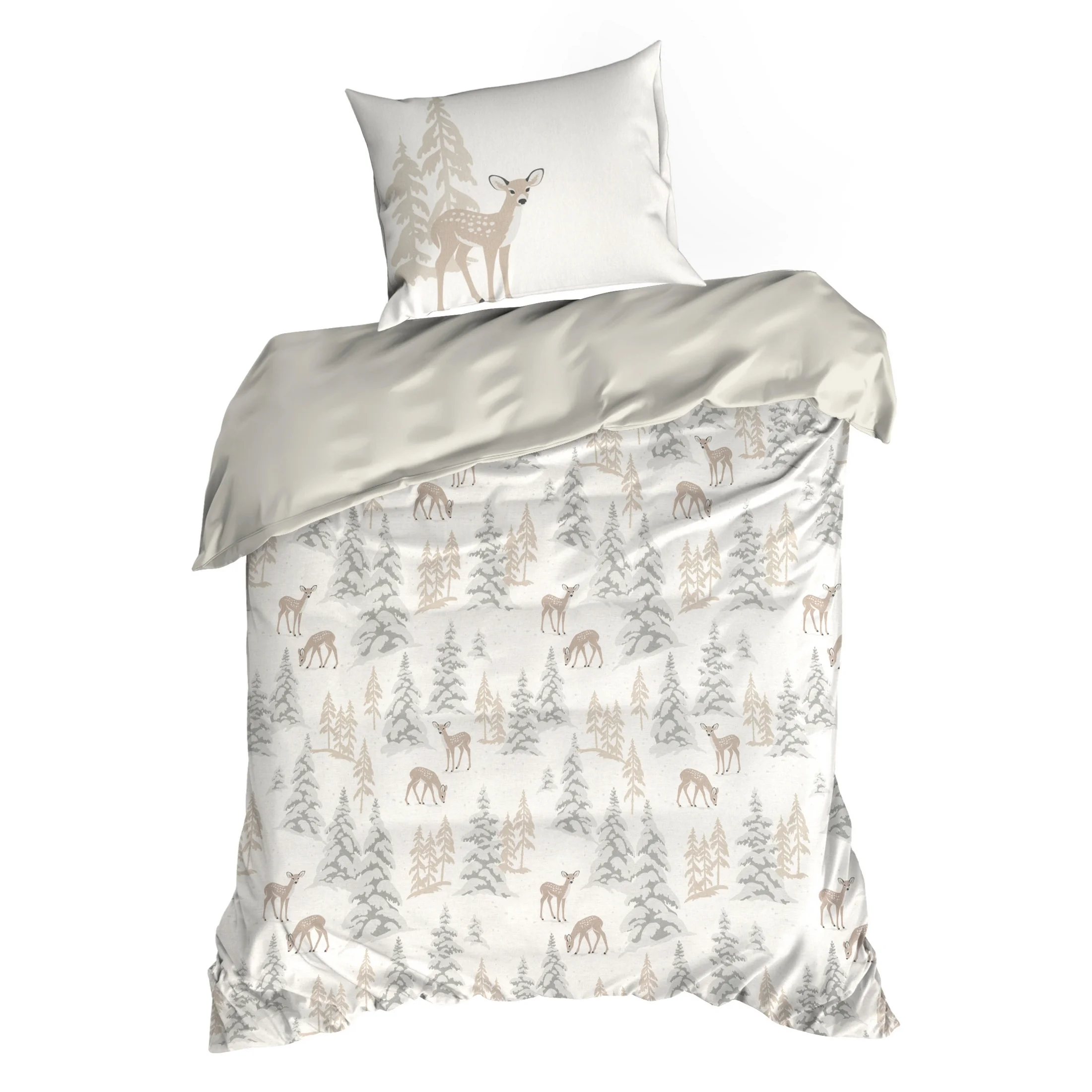 Pościel świąteczna 140x200 cm bawełna ranforce kolor biały, beżowy z nadrukiem sarenek FAWN Eurofirany
