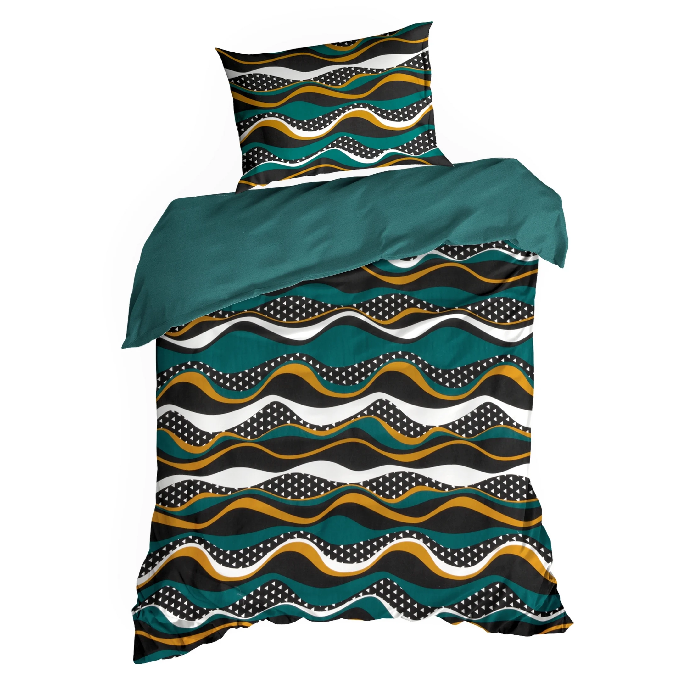Pościel 140x200 cm bawełniana kolor ciemnoturkusowy, musztardowy z wzorem geometrycznym NIKA 50 Eurofirany
