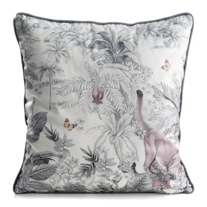 Poszewka na poduszkę 45x45 cm welwetowa biało, szara z roślinnym nadrukiem VELVET 203 Eurofirany