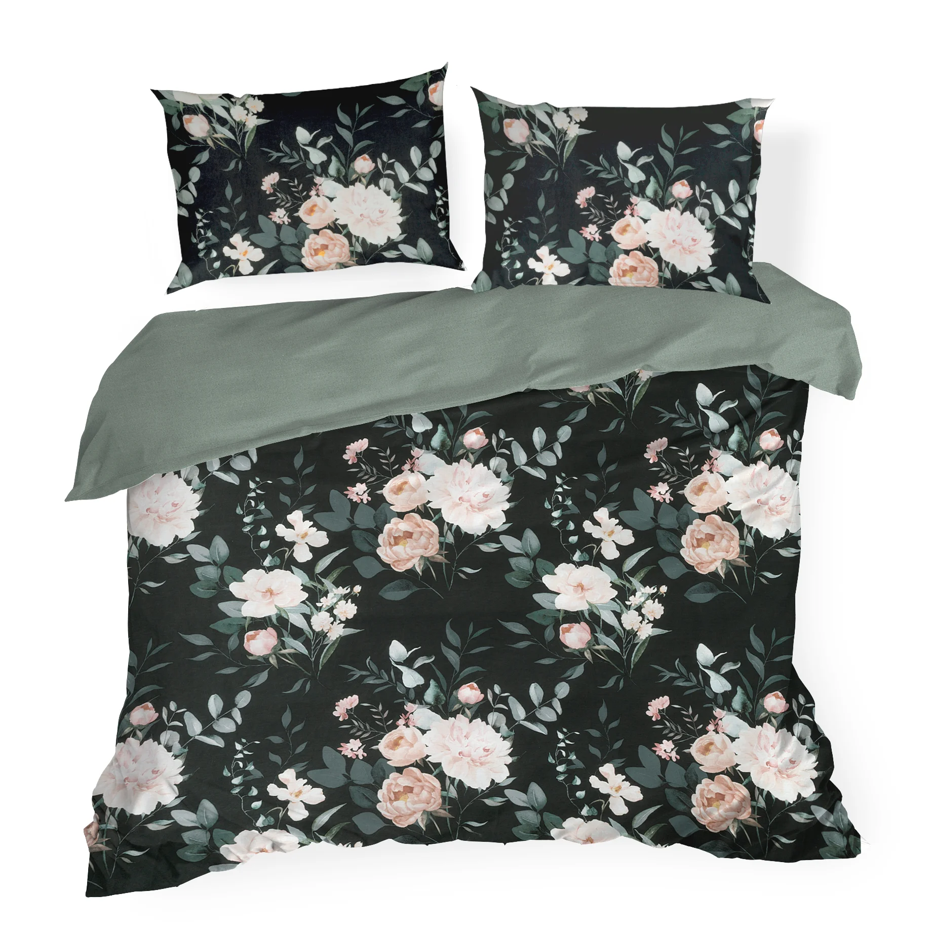 Pościel 220x200 cm bawełna ranforce kolor czarny, szałwiowy z motywem kwiatów ROSITA 1 Eurofirany