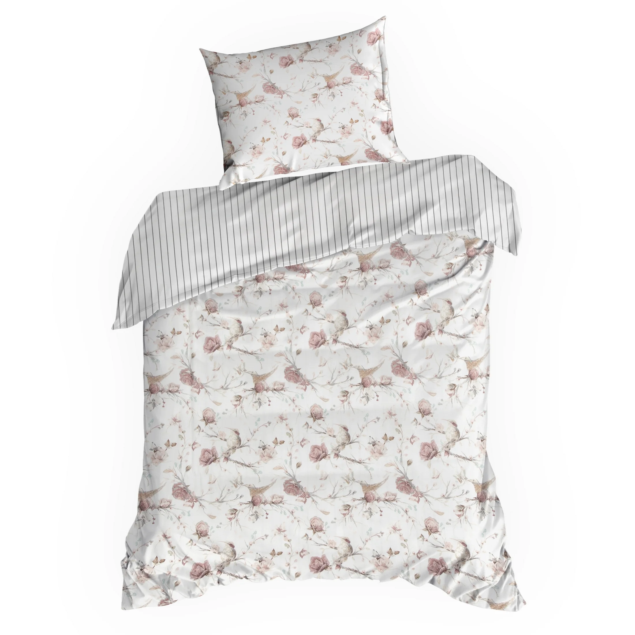 Pościel 140x200 cm komplet 2 częściowy z satyny bawełnianej kolor biało, różowy zdobiona nadrukiem roślinnym RAYA 2 Eurofirany