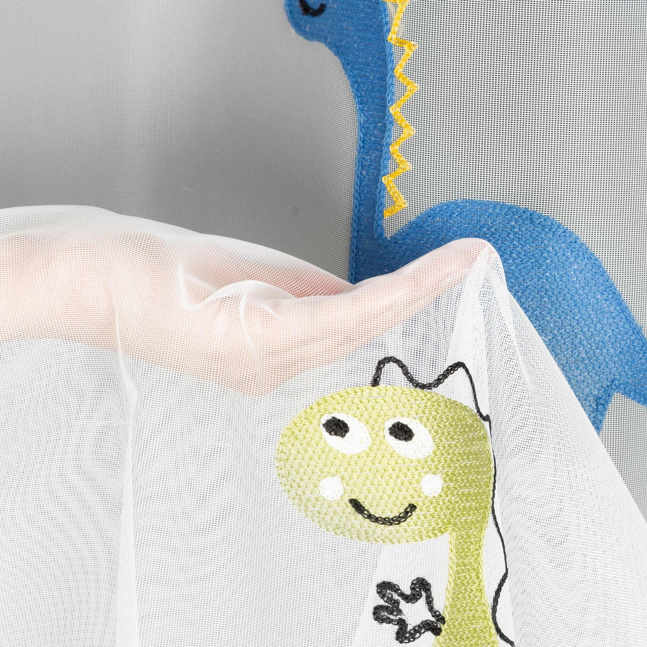 Firana biało, zielona z haftem z dinozaurami 140x250 cm przelotka DINO Eurofirany