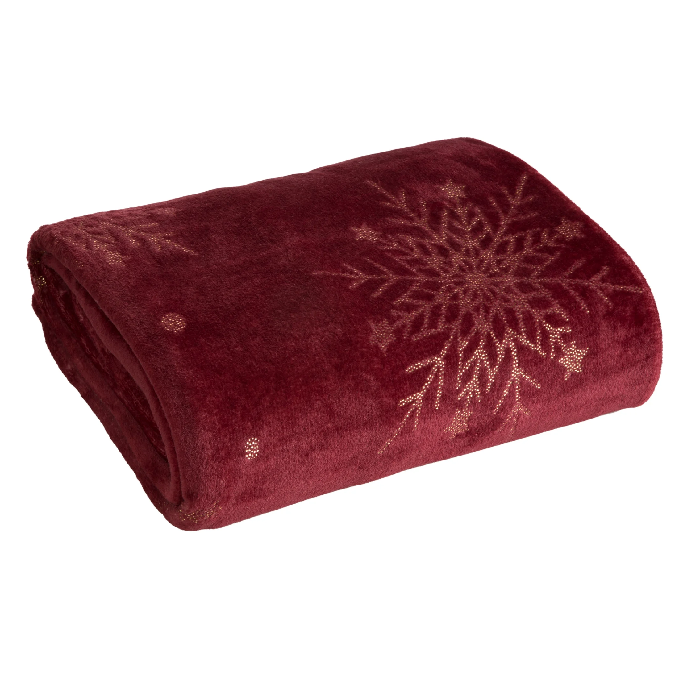 Koc świąteczny 150x200 cm bordowy, złoty zdobiony nadrukiem śnieżynek Eurofirany