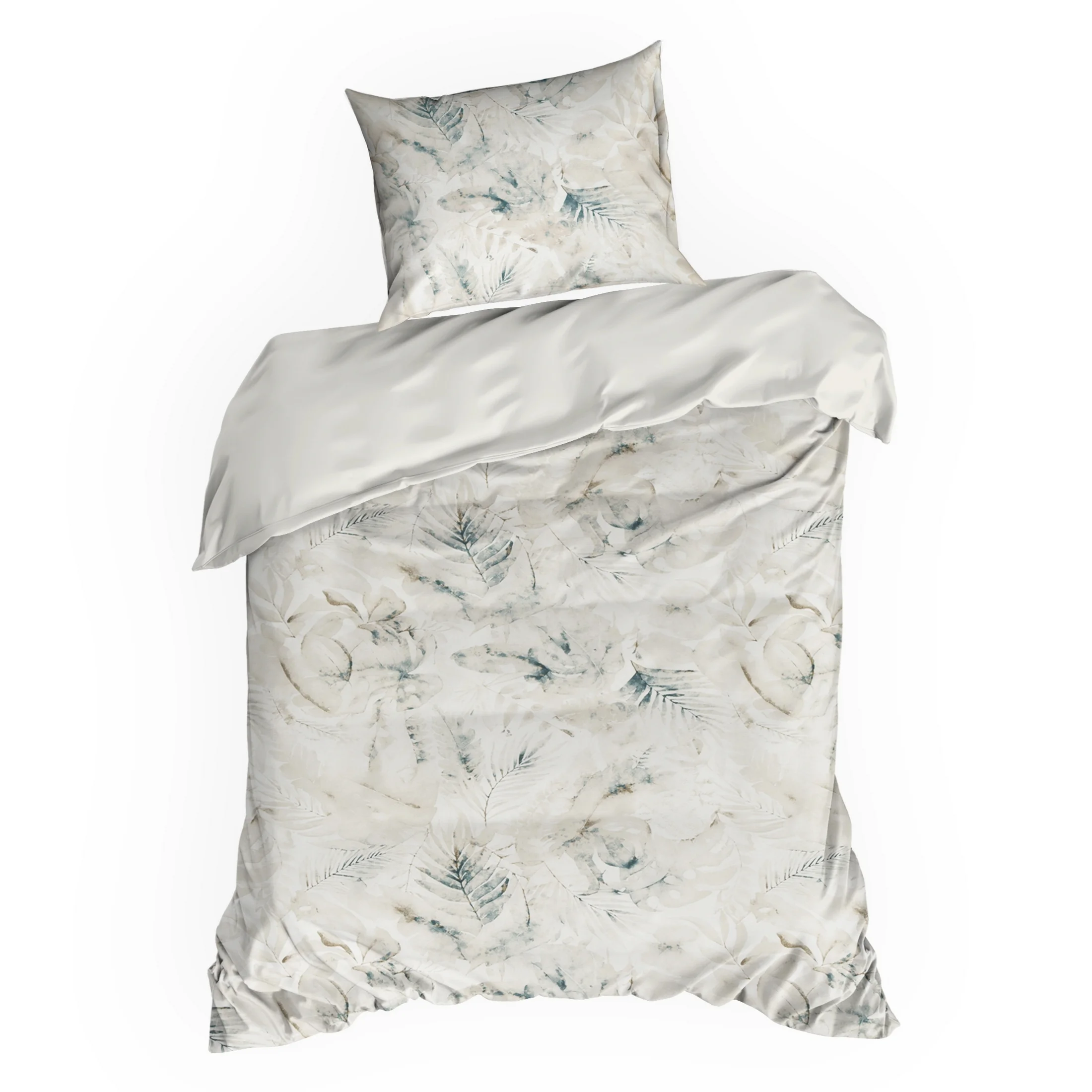 Pościel 140x200 cm komplet 2 częściowy satyna bawełniana kolor beżowy, ciemnoturkusowy zdobiony motywem liści SPRING 82 Eurofirany