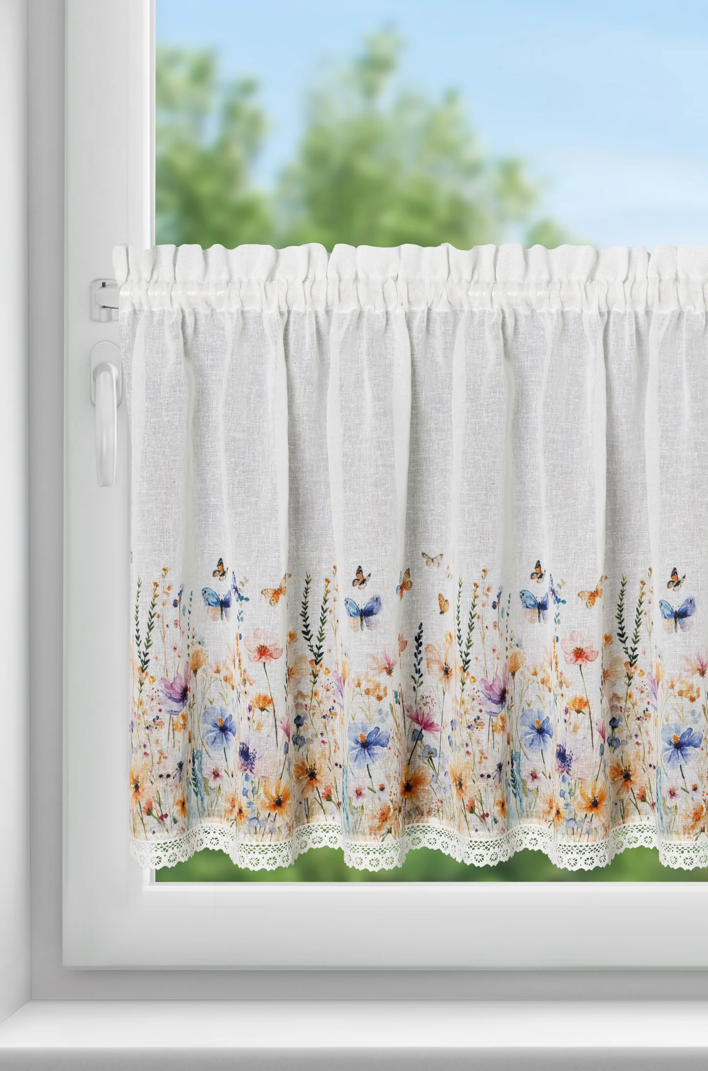 Zazdrostka biało, żółta z etaminy zdobiona nadrukiem kwiatów i koronką 150x60 cm tunel ROZALIE Eurofirany