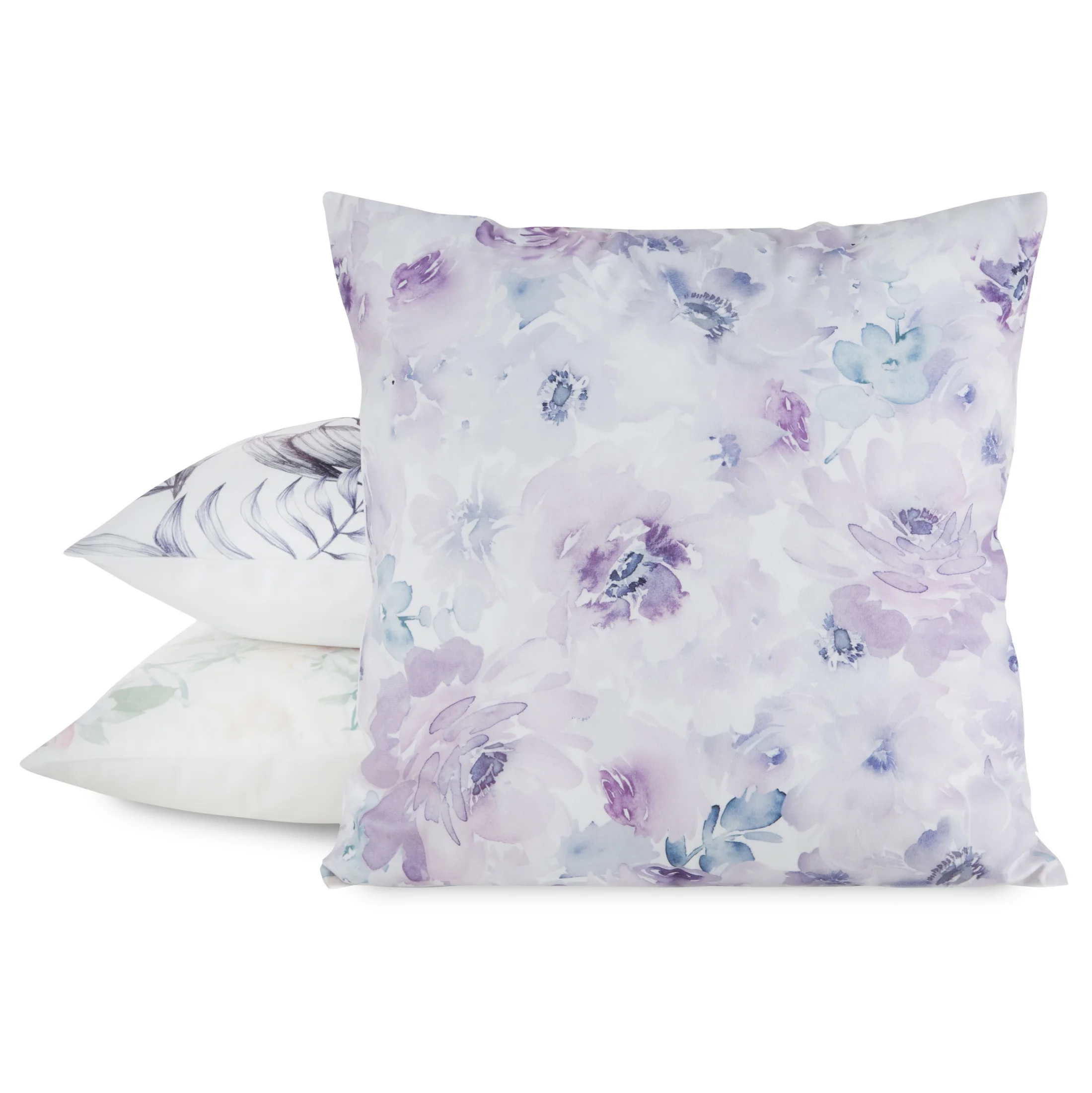 Poszewka na poduszkę 45x45 cm welwetowa zdobiona nadrukiem letnich kwiatów biało, fioletowa MINK Eurofirany