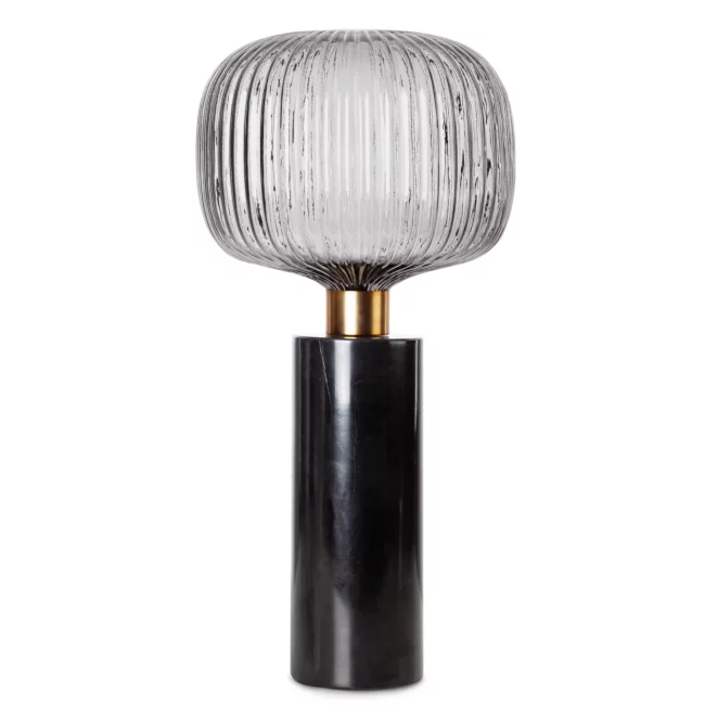 Lampa stołowa do salonu czarno, grafitowa LUKA o marmurowej podstawie i szklanym tłoczonym kloszem Eurofirany
