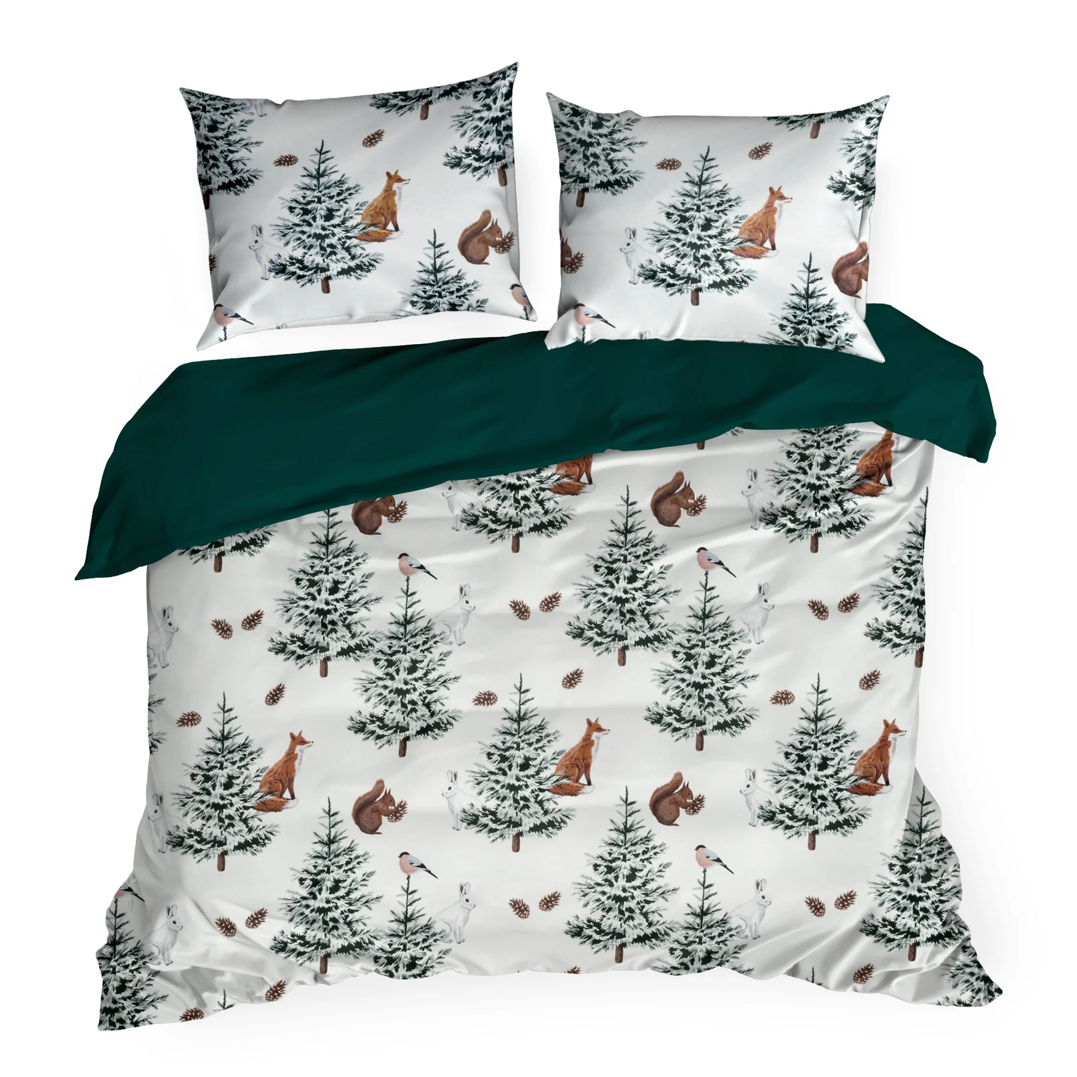 Pościel świąteczna 220x200 cm, kolor biały, zielony zdobiona uroczym nadrukiem ROLAND Eurofirany