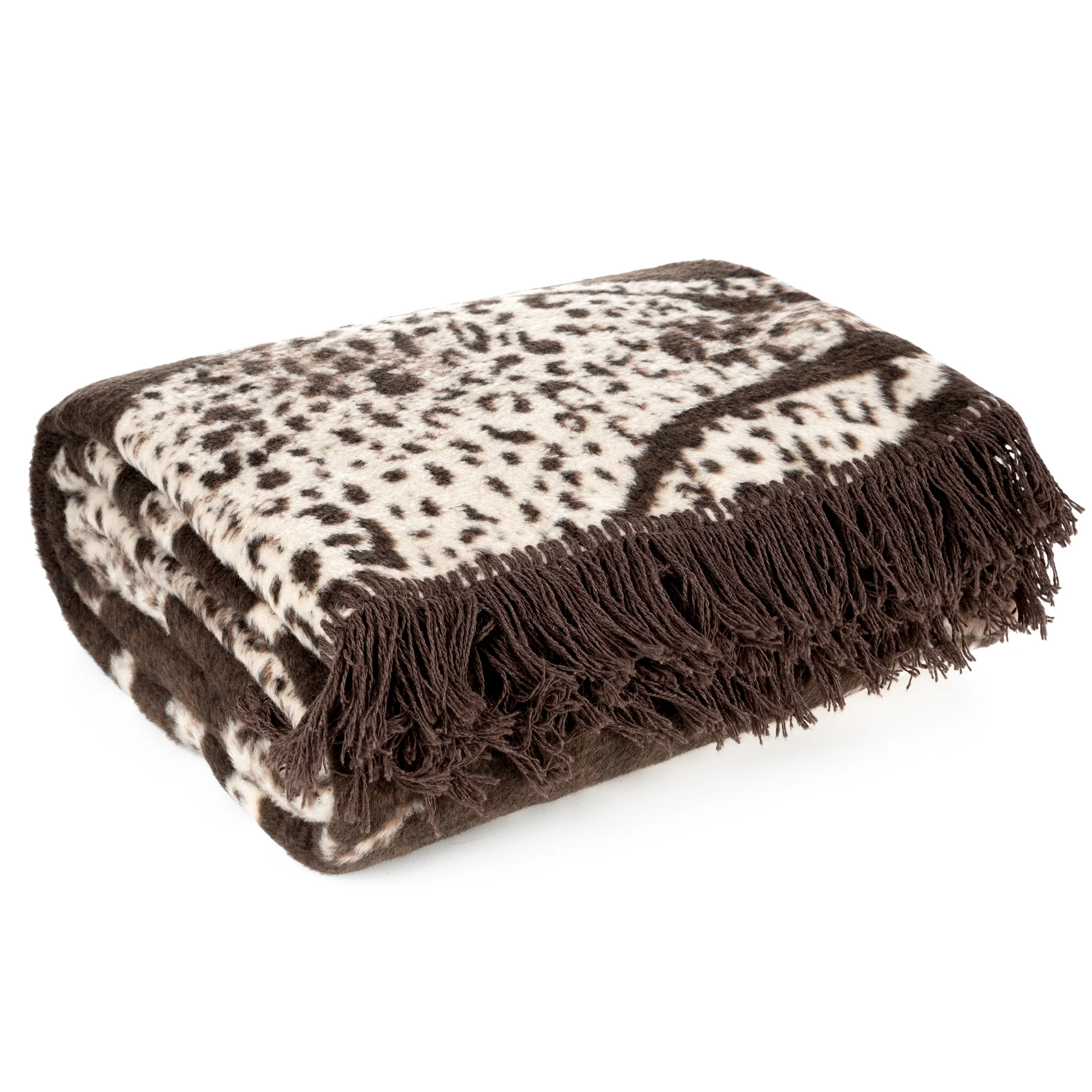 Koc bawełniano-akrylowy 220x240 cm brązowo, kremowy z designerskim wzorem zakończony frędzlami AKRYL EVA MINGE Eurofirany