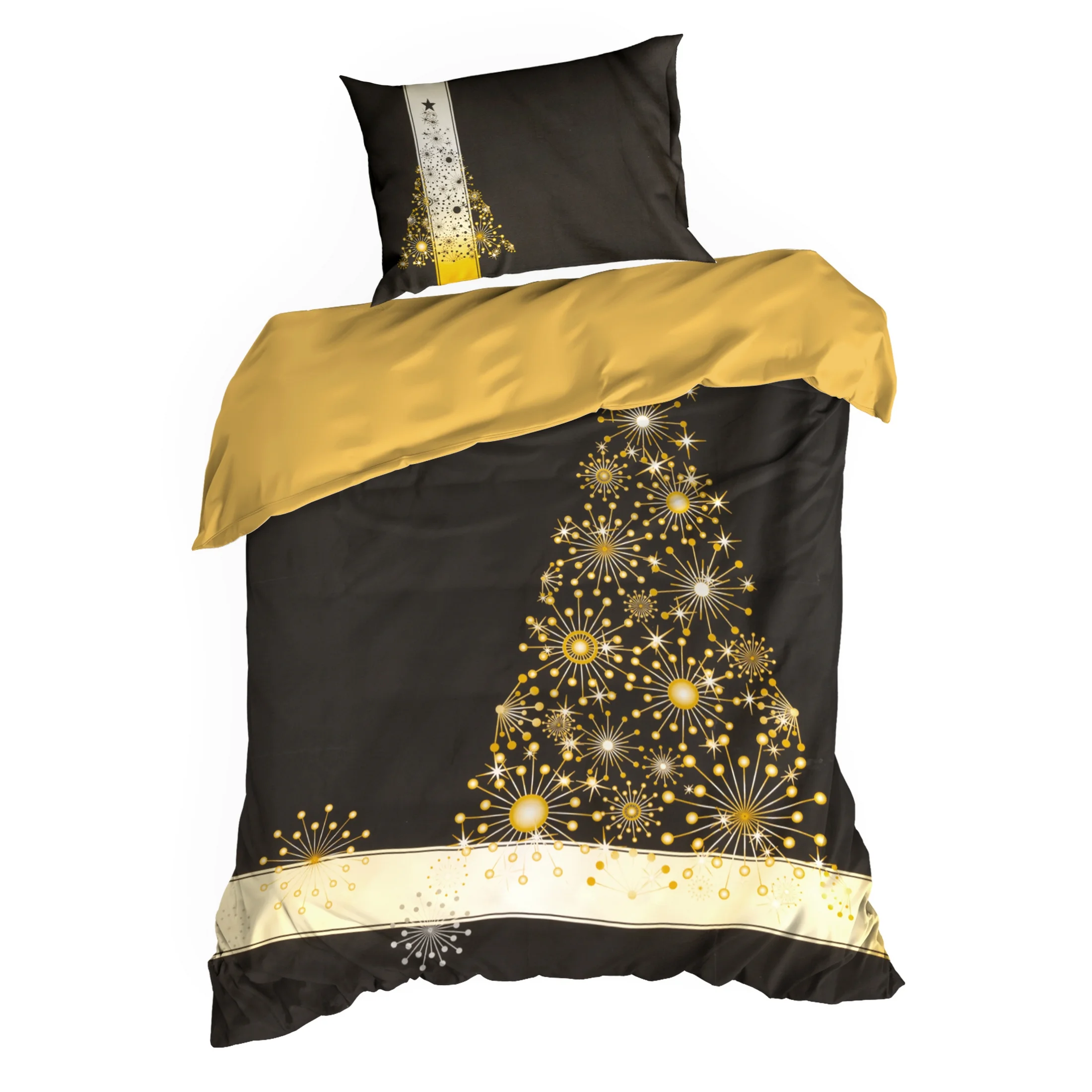 Pościel świąteczna 140x200 cm bawełniana kolor czarny, złoty z eleganckim wzorem z choinką EVE Eurofirany