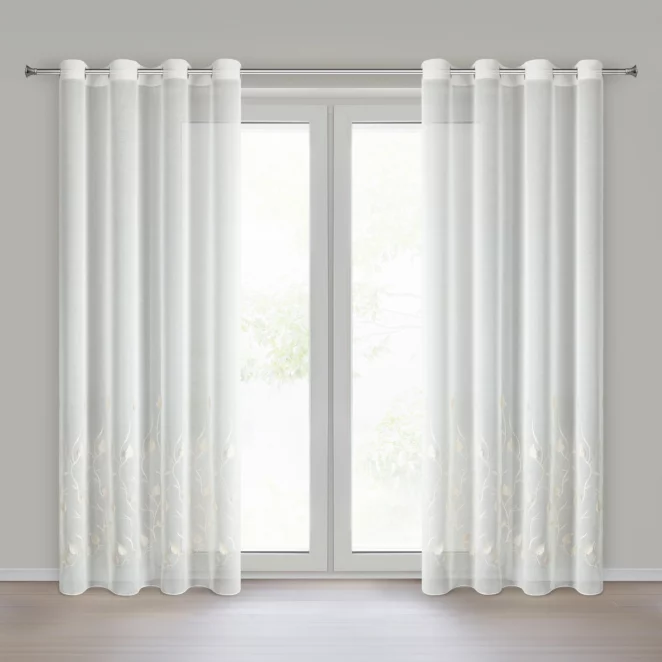Firana biała z etaminy zdobiona haftem roślinnym 140x250 cm przelotka - BROKLYN Eurofirany