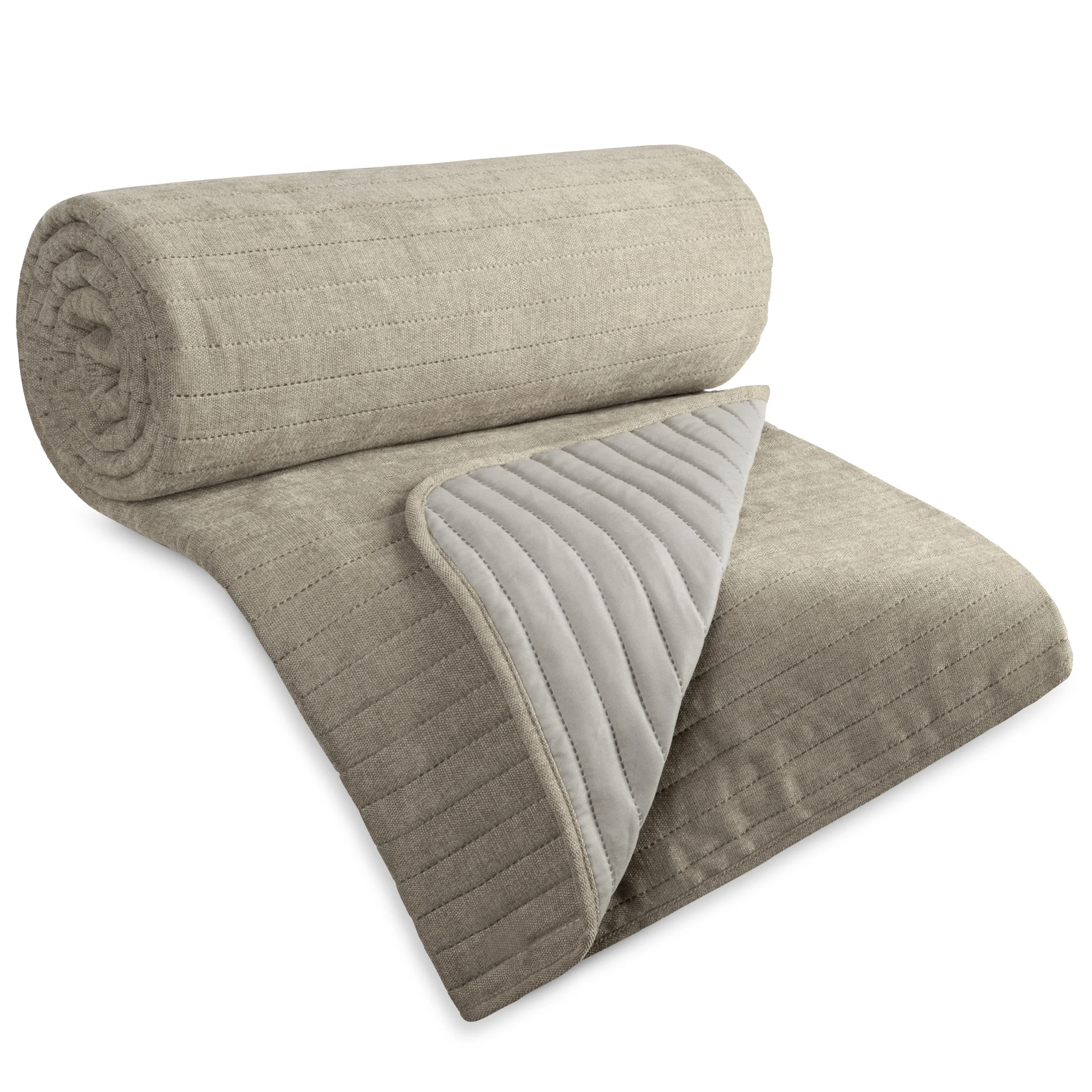 Narzuta szenilowa beżowa 220x240 cm pikowana metoda hot press w pasy - GLORI - Eurofirany