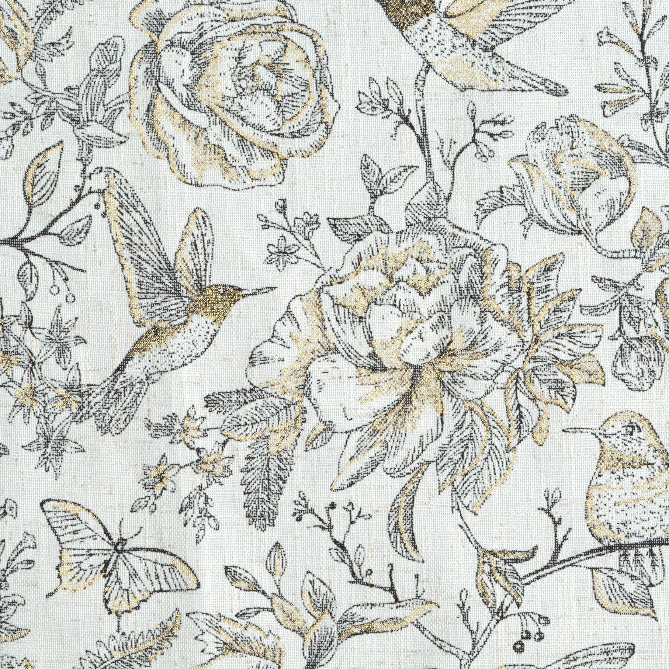 Zasłona naturalna, czarna o naturalnym splocie i nadrukiem botanicznym zdobiona złotymi akcentami 140x250 przelotki - LUCINA 2 Eurofirany