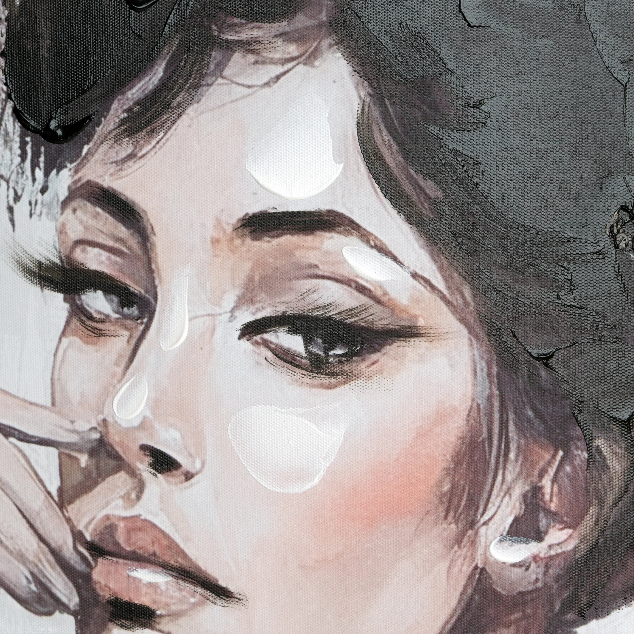 Obraz kremowo, czarny ręcznie malowanej kobiety z kwiatami na płótnie 60x80 cm Eurofirany