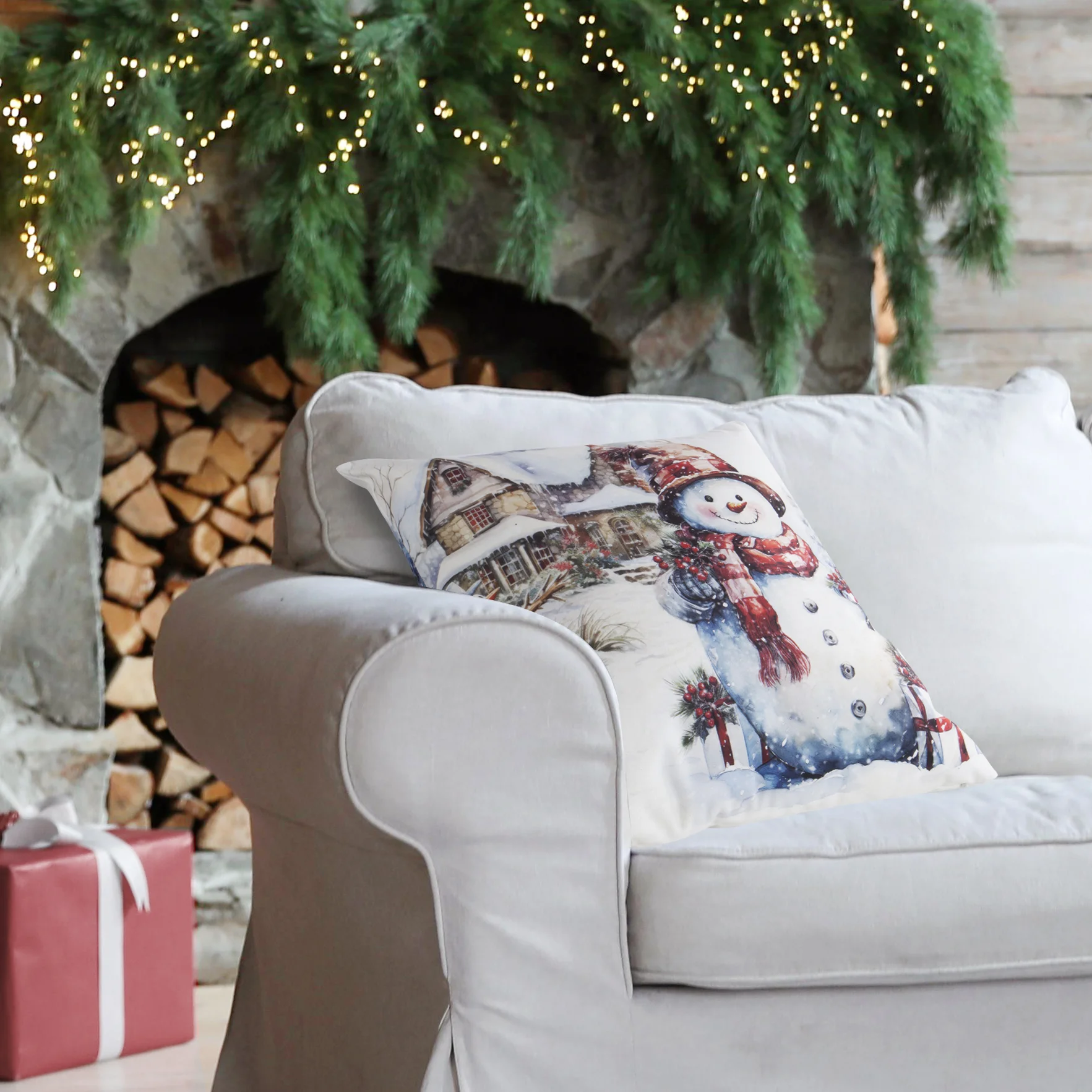 Poszewka na poduszkę świąteczna 45x45 cm biało, czerwona zdobiona nadrukiem uroczego bałwanka Eurofirany