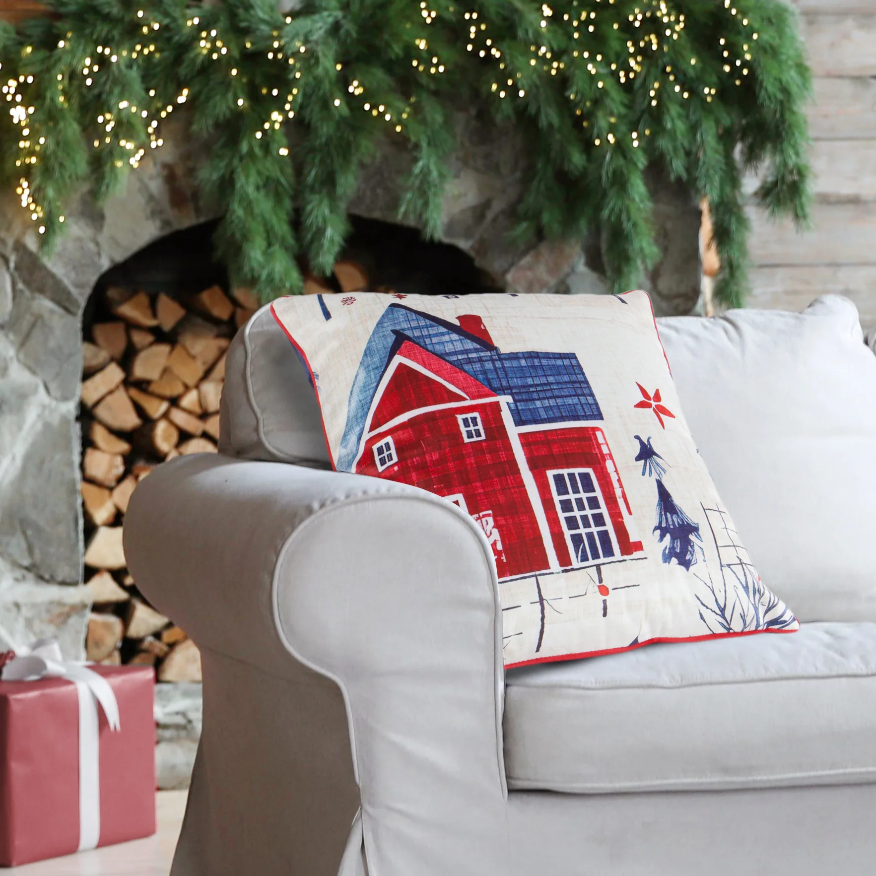 Poszewka na poduszkę świąteczna 45x45 cm czerwono, granatowa zdobiona uroczym nadrukiem i elegancką wypustką Eurofirany