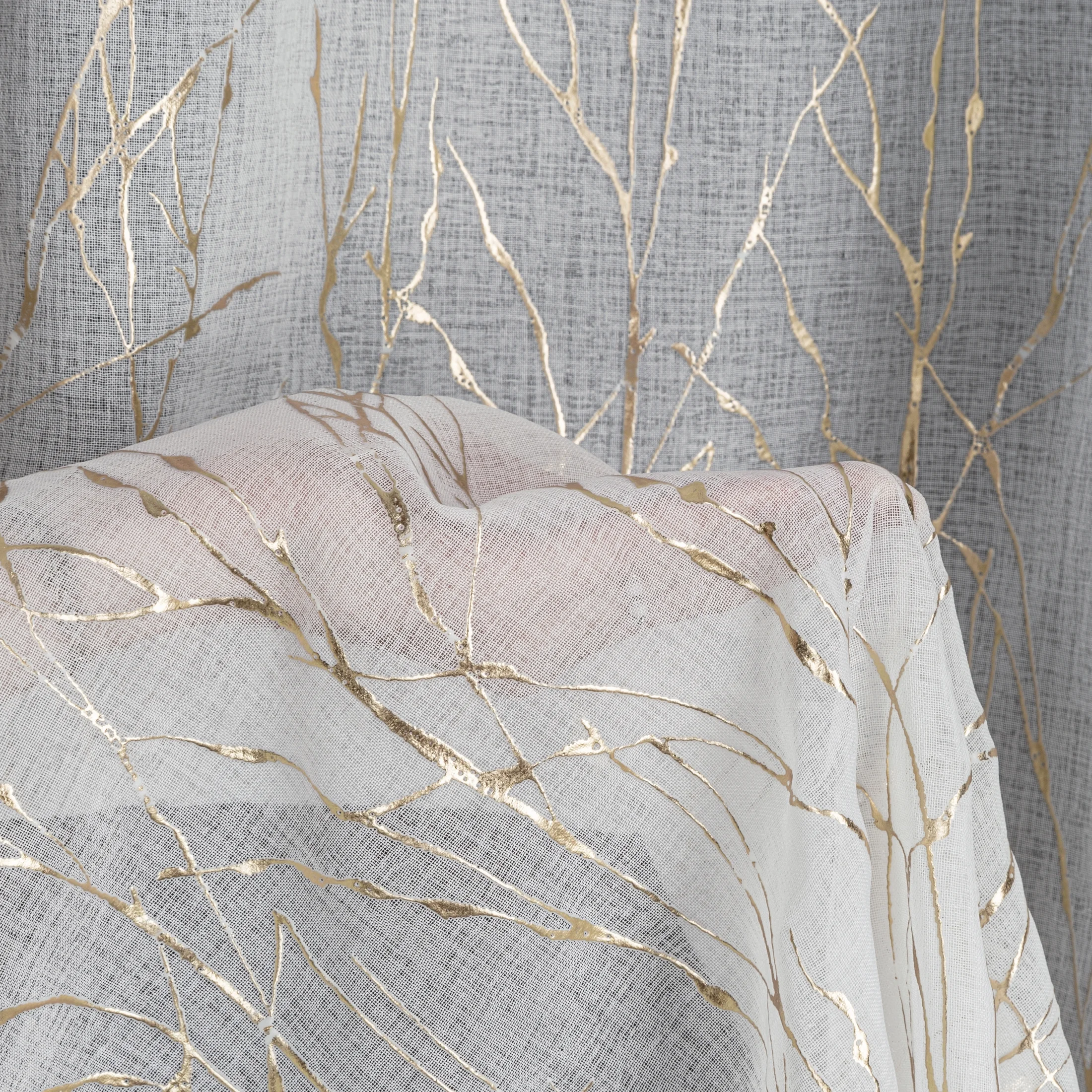 Firana biało, szampańska zdobiona nadrukiem marmurka 140x270 cm taśma MELIA Eurofirany