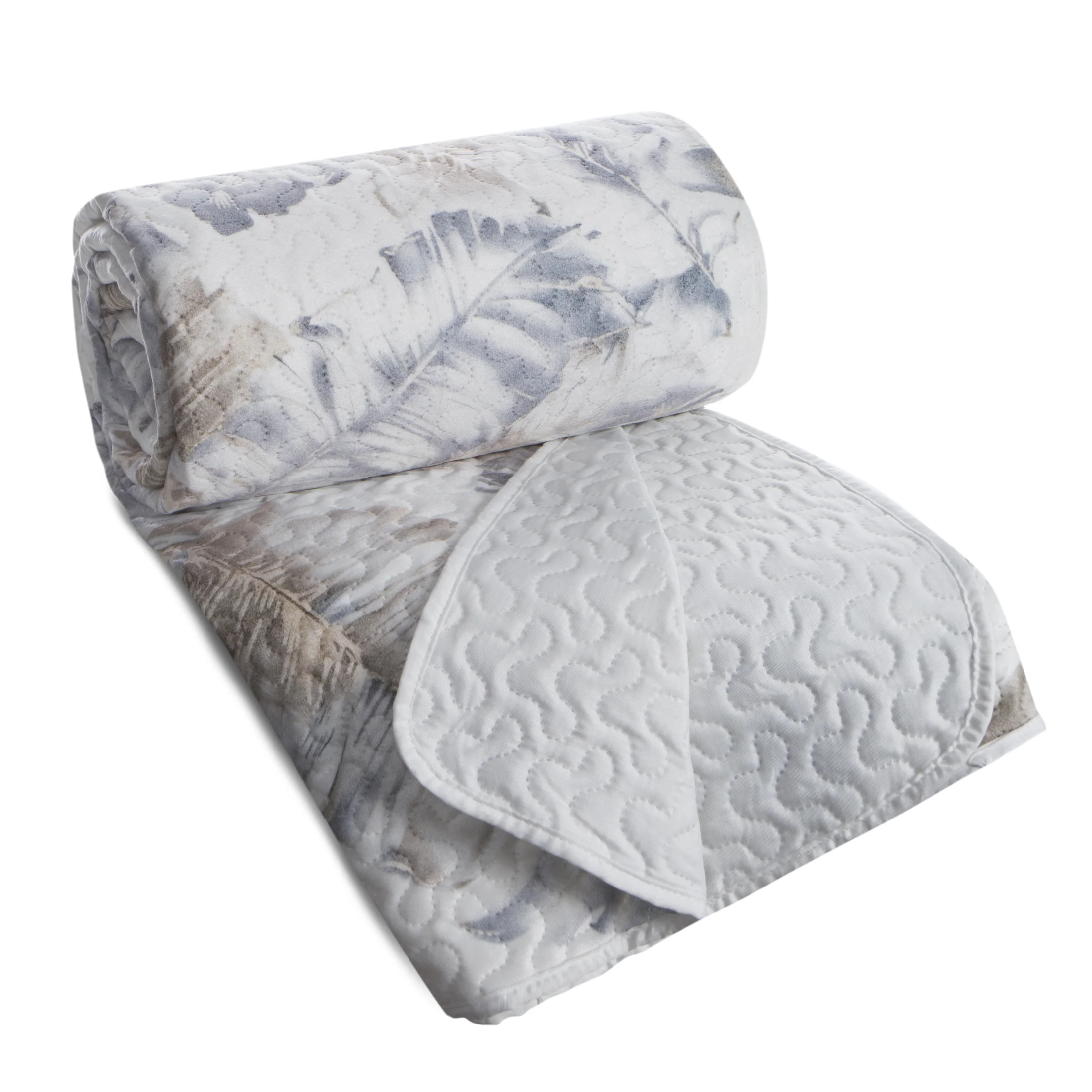 Narzuta welwetowa biało, srebrna 170x210 cm zdobiona nadrukiem liści LAYLA Eurofirany