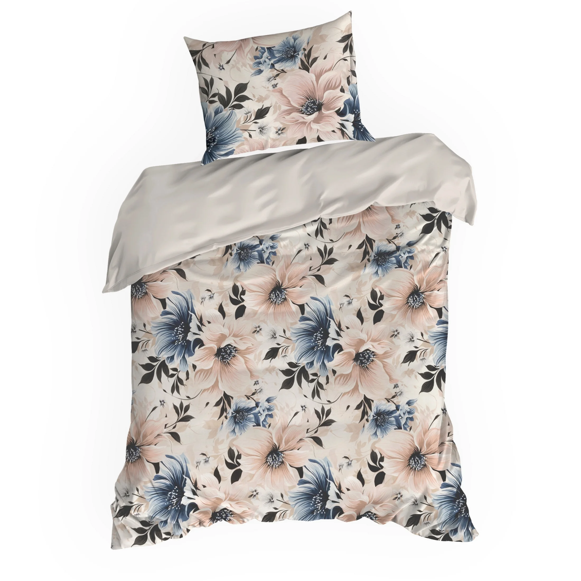 Pościel 140x200 cm bawełniana kolor jasnobeżowy, granatowy w kwiaty SONIA 33 Eurofirany