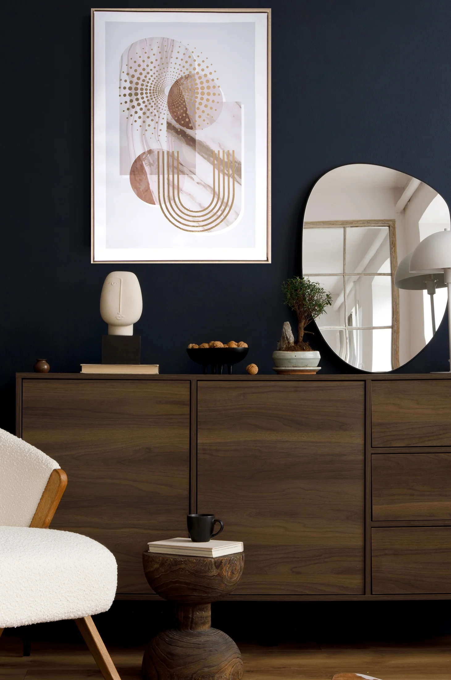 Obraz abstrakcja beżowo, złocisty nadruk na płótnie w stylu boho 50x70 cm Eurofirany