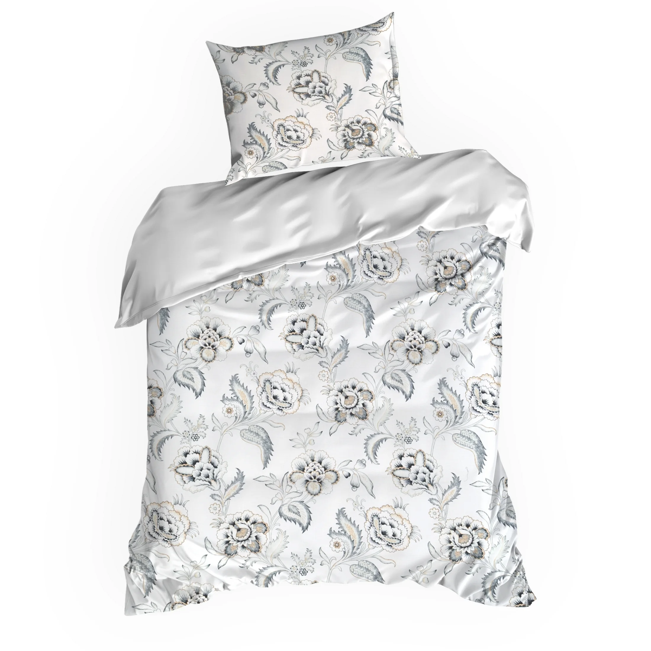 Pościel 140x200 cm komplet 2 częściowy satyna bawełniana kolor biały, jasnoszary zdobiony motywem kwiatów SPRING 83 Eurofirany