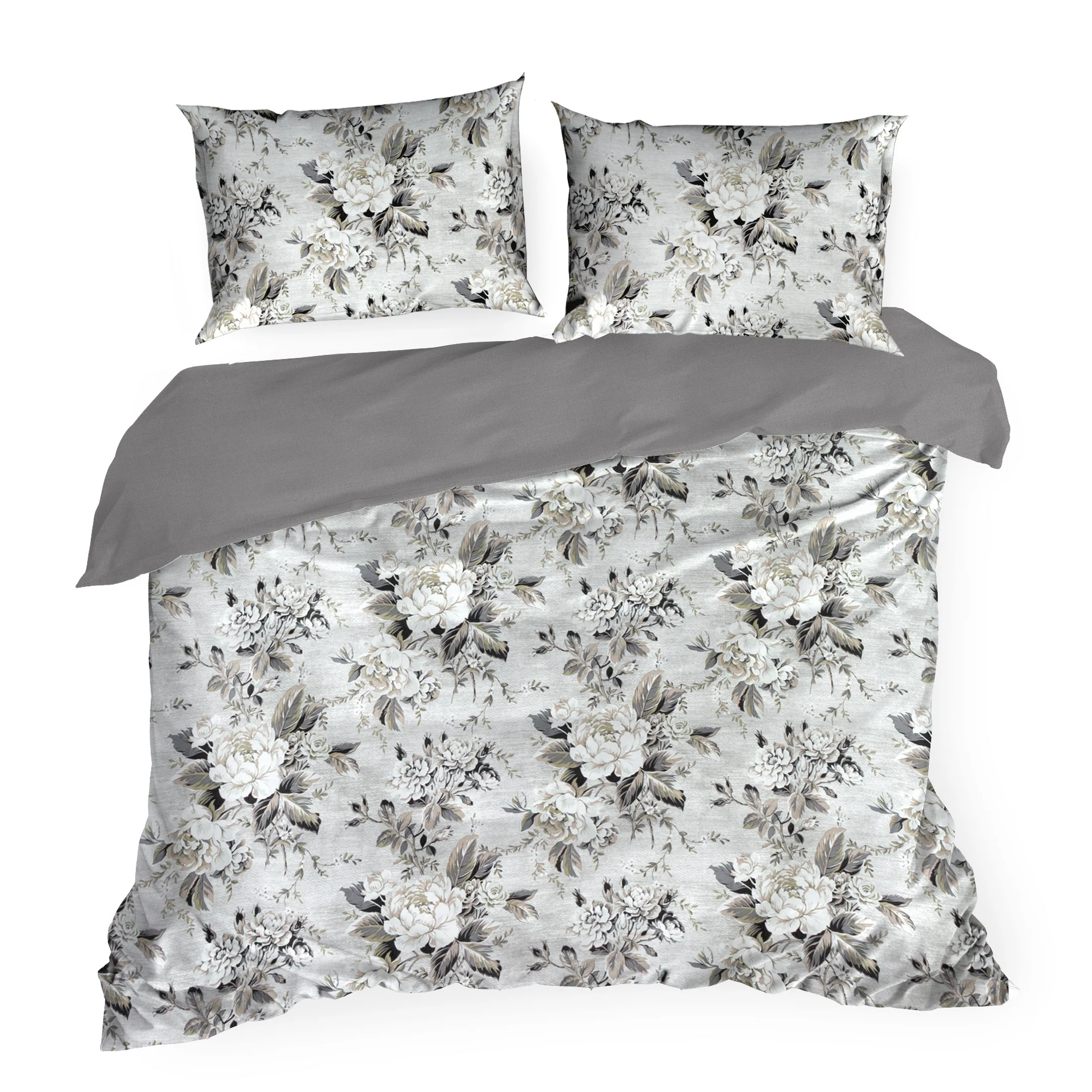 Pościel 160x200 cm z satyny bawełnianej kolor srebrno, oliwkowy z motywem roślinnym SPRING 62 Eurofirany