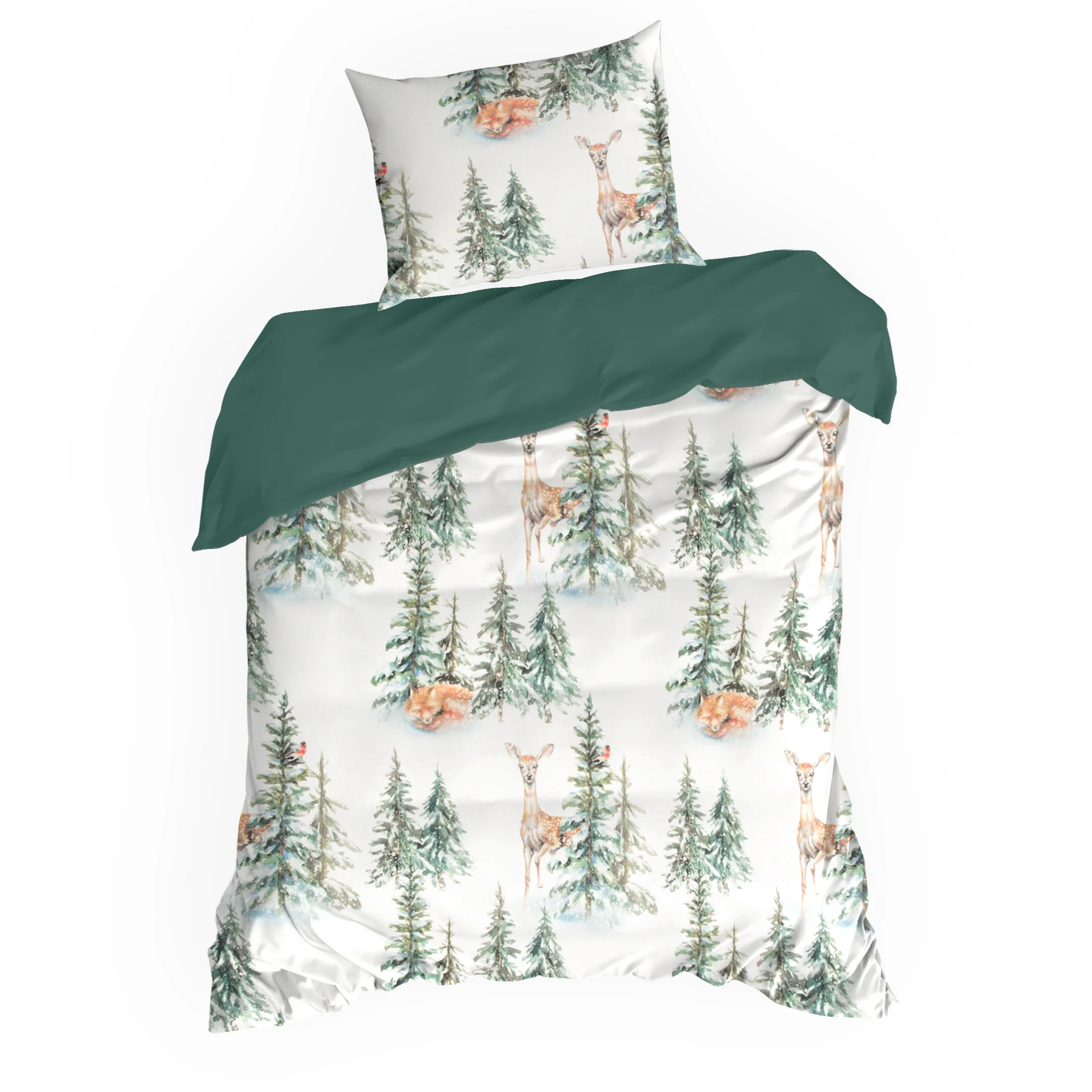 Pościel świąteczna 140x200 cm bawełna ranforce kolor biały, zielony z nadrukiem zimowego lasu DEER Eurofirany