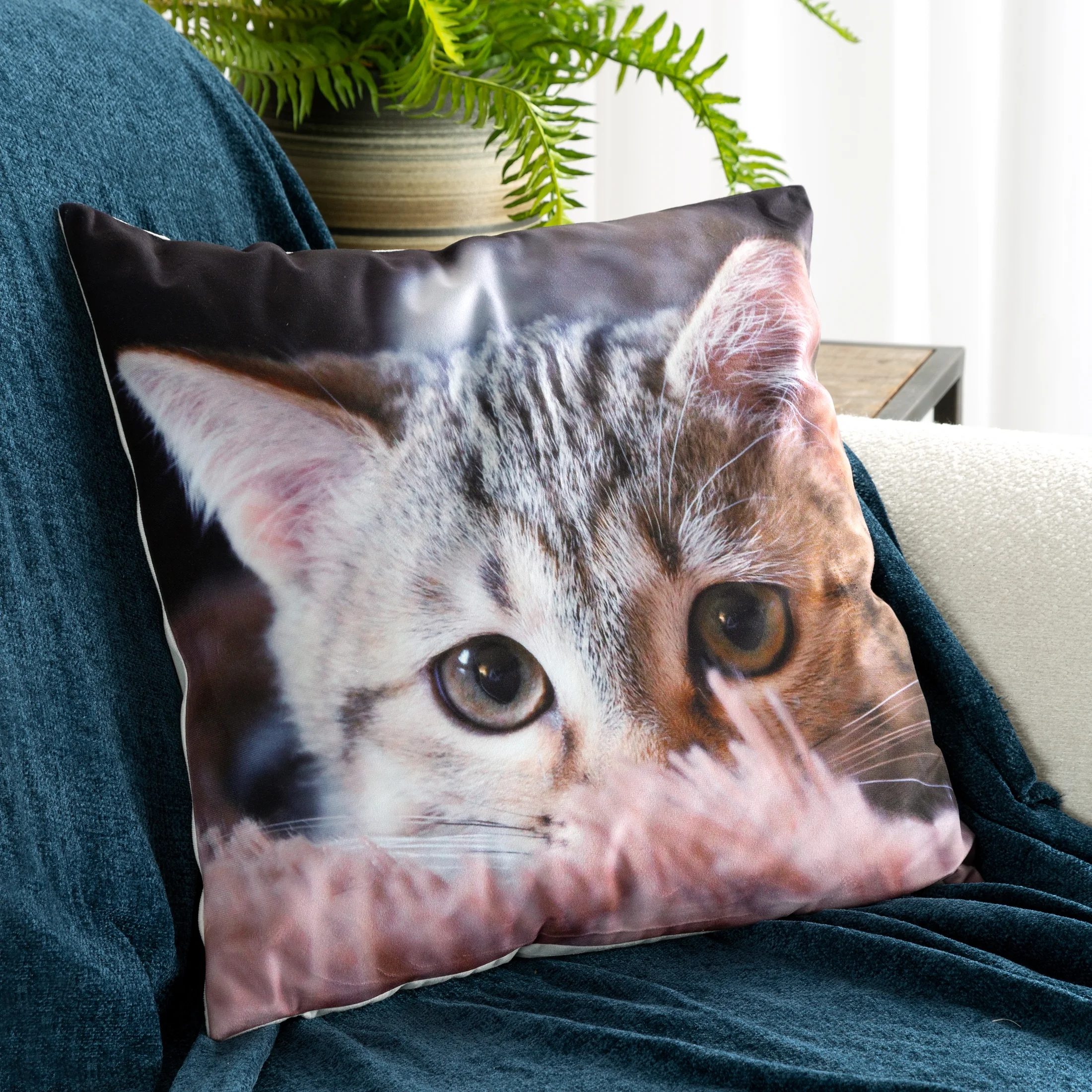 Poszewka na poduszkę 45x45 cm welwetowa zdobiona nadrukiem uroczego kota szara, jasnopopielata ANIMAL Eurofirany