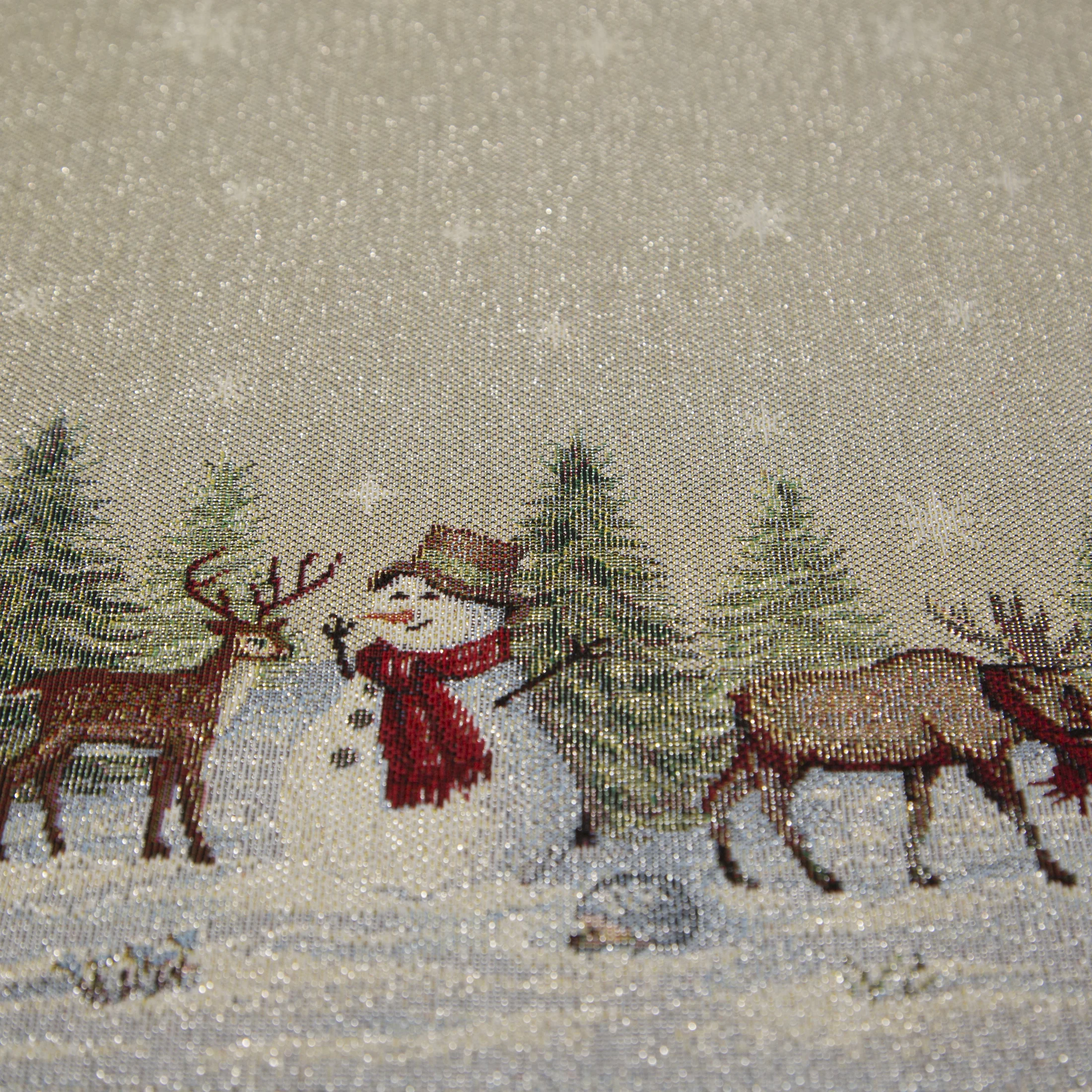 Bieżnik na stół naturalno, srebrny 40x100 cm gobelinowy z motywem zimowej wioski