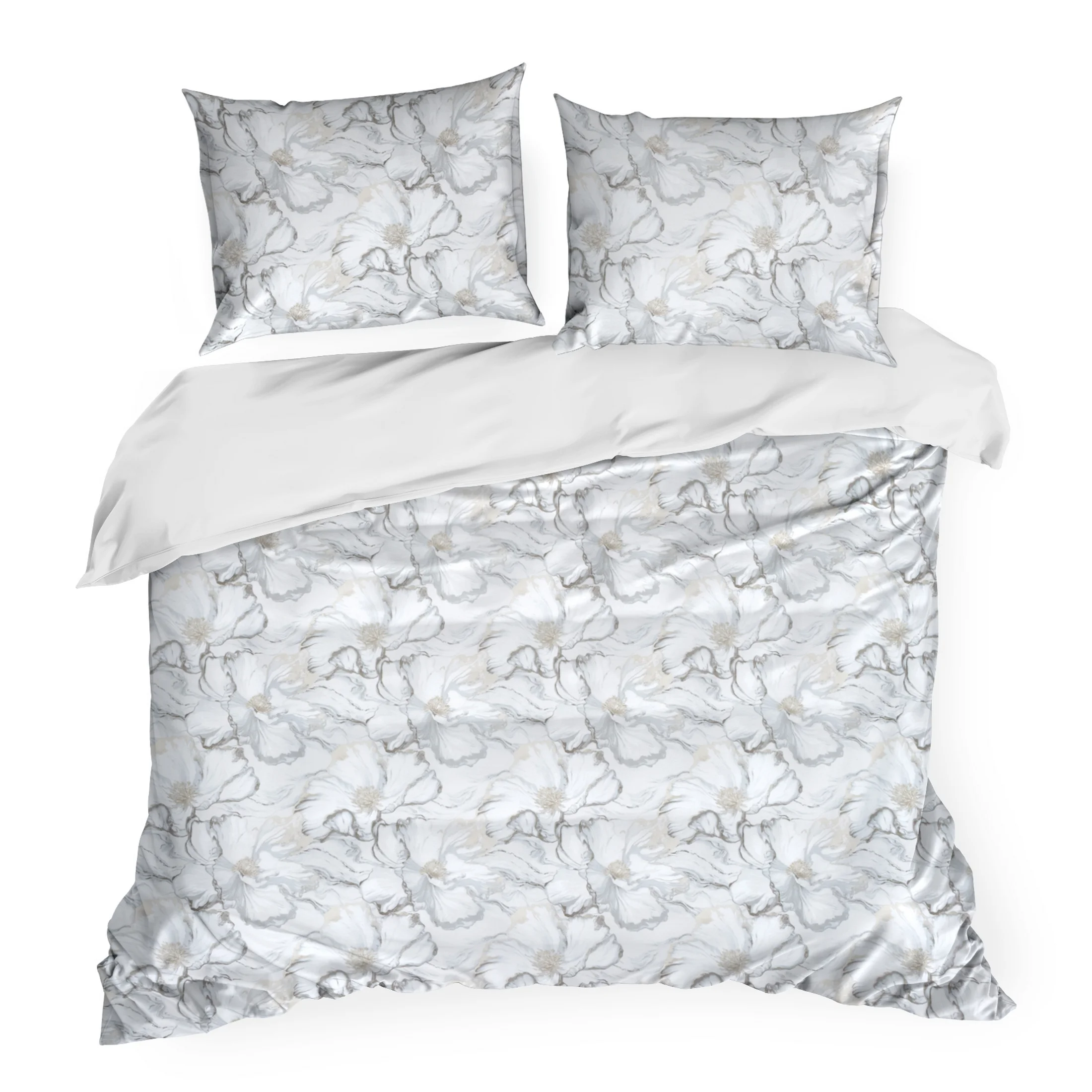 Pościel 220x200 cm komplet 3 częściowy z satyny bawełnianej kolor kremowy, jasnoszary zdobiona nadrukiem kwiatów - LISA Eurofirany