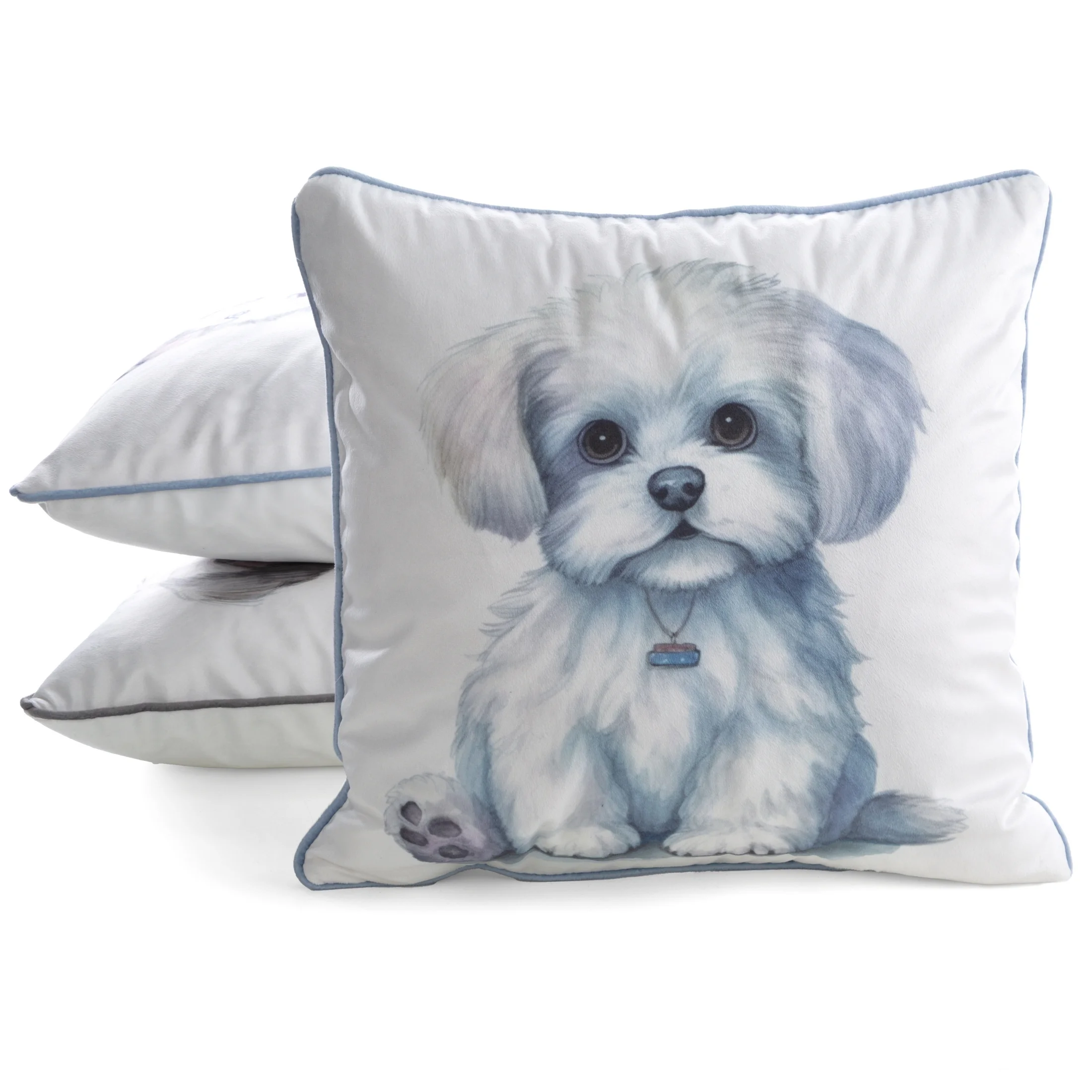 Poszewka na poduszkę 45x45 cm welwetowa biały, jasnoniebieski z motywem psa ANIMAL 84 Eurofirany