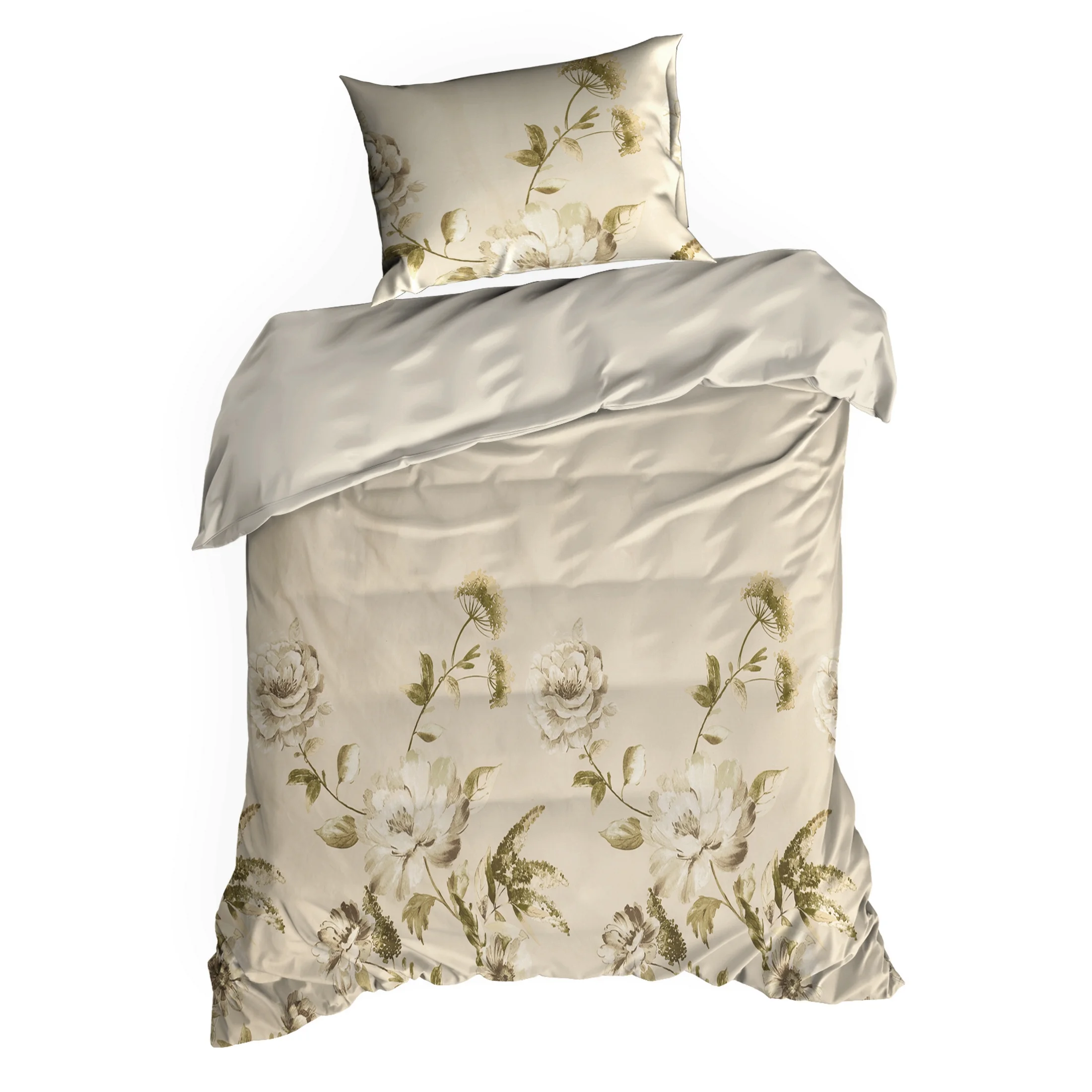 Pościel 140x200 cm komplet 2 częściowy bawełniana kolor beżowy, oliwkowy z wzorem kwiatowym SPRING 38 Eurofirany