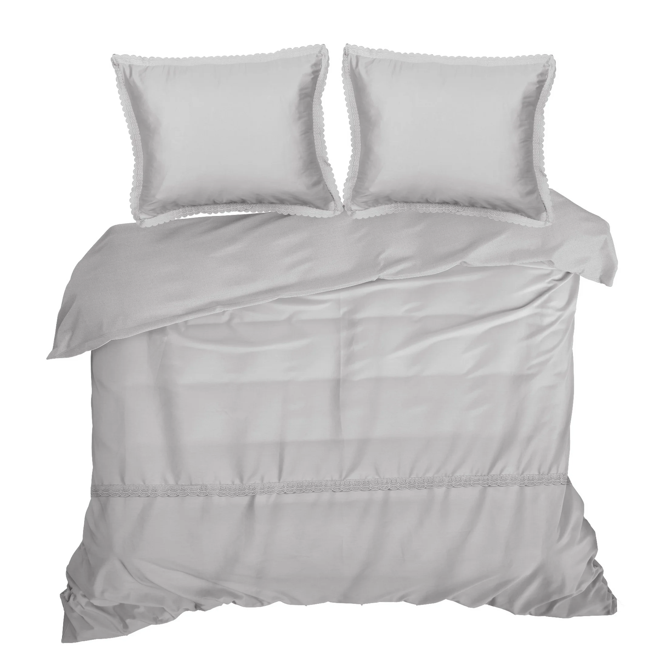 Pościel 160x200 cm z satyny bawełnianej kolor jasnoszary zdobiona elegancką koronką RETRO 6 Eurofirany